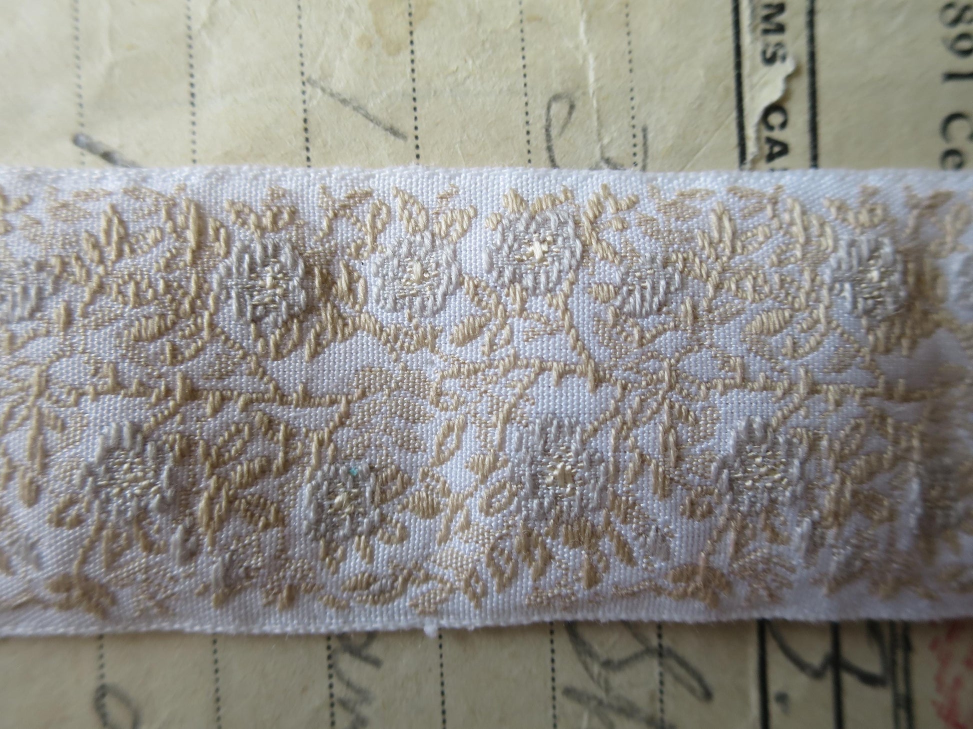 Jacobean Roses 25 mm Jacquard Woven Ribbon- Pale Gold & Sage Roses