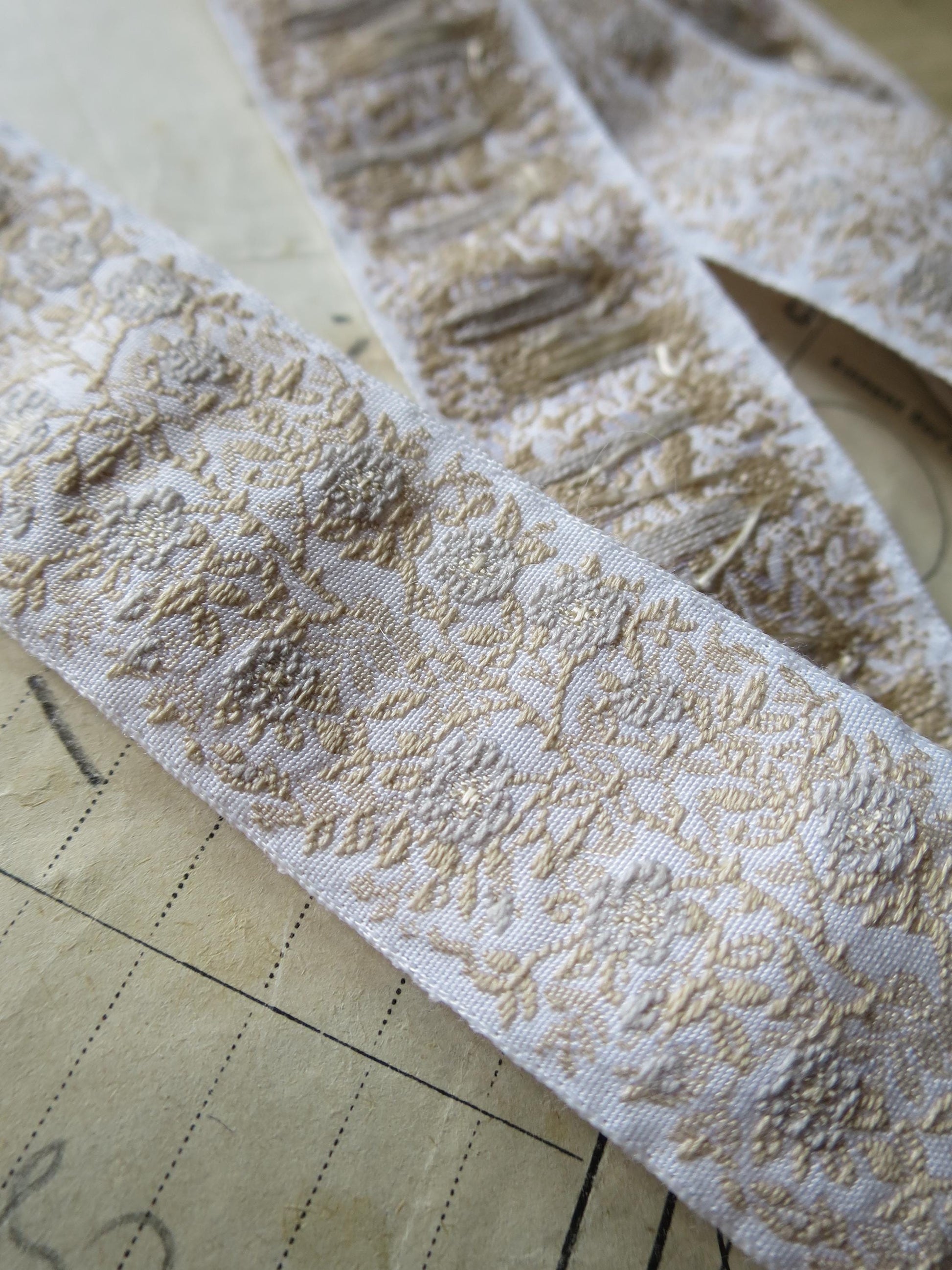 Jacobean Roses 25 mm Jacquard Woven Ribbon- Pale Gold & Sage Roses