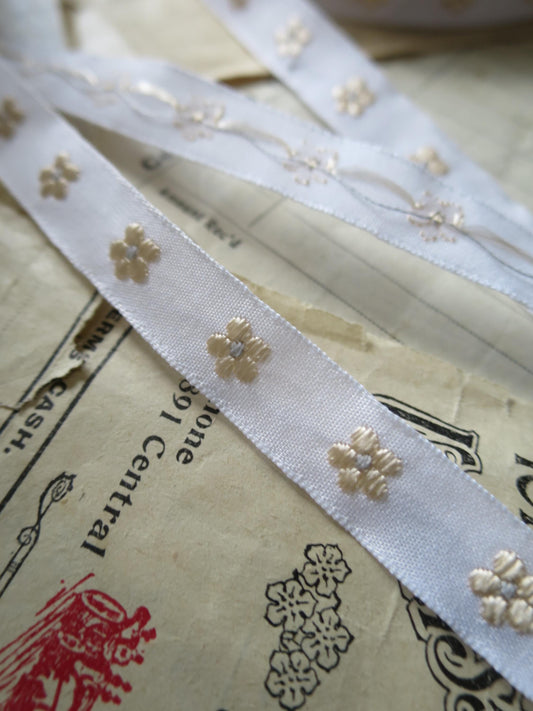 Forget-me-nots 10 mm Jacquard Woven Ribbon- Pale Gold & Sage
