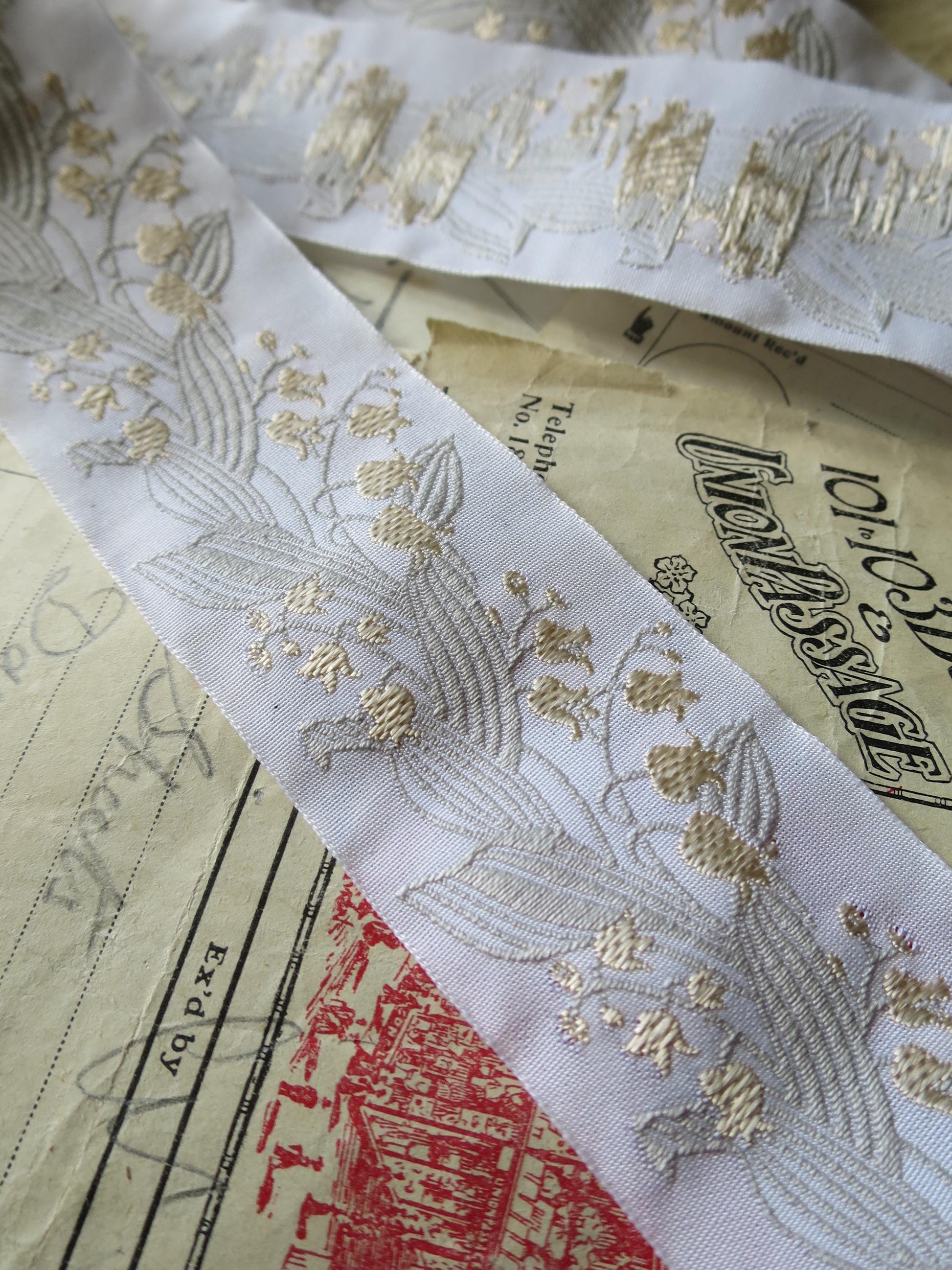 Lily of the Valley 40 mm Jacquard Woven Ribbon- Pale Gold & Sage