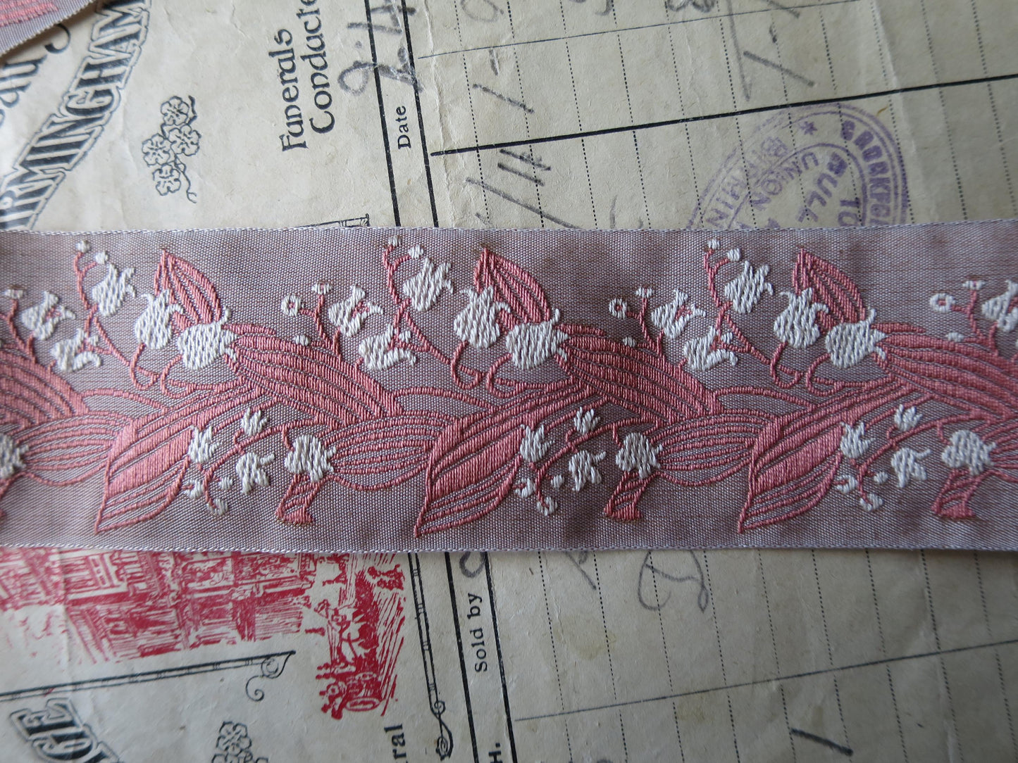 Lily of the Valley 40 mm Jacquard Woven Ribbon- Pink & Taupe