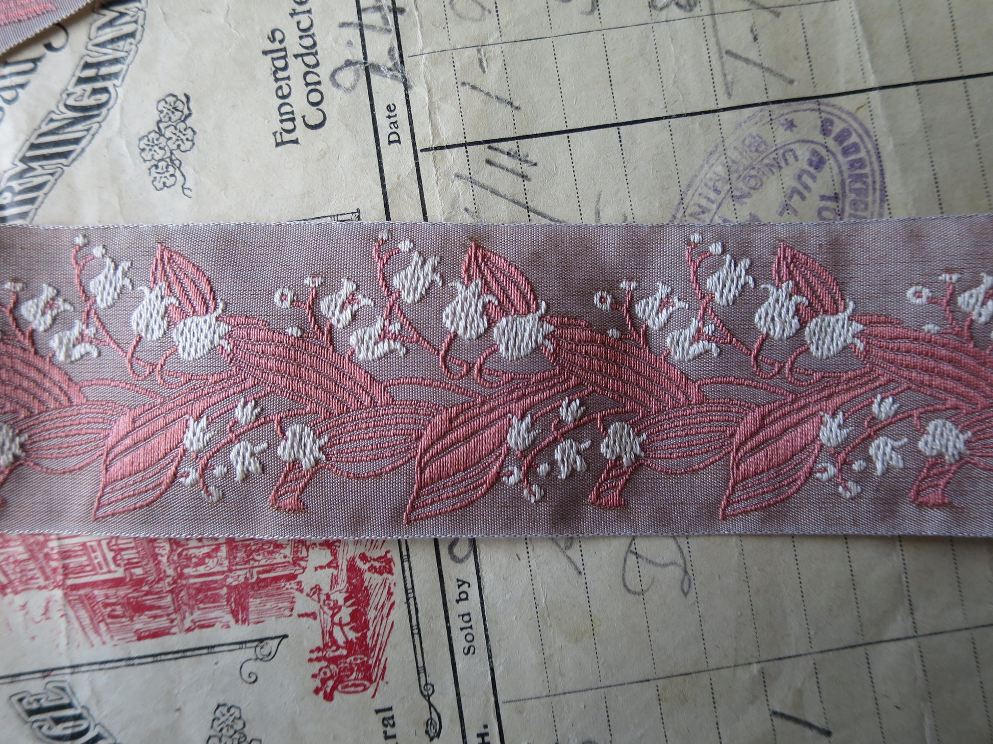 Lily of the Valley 40 mm Jacquard Woven Ribbon- Pink & Taupe