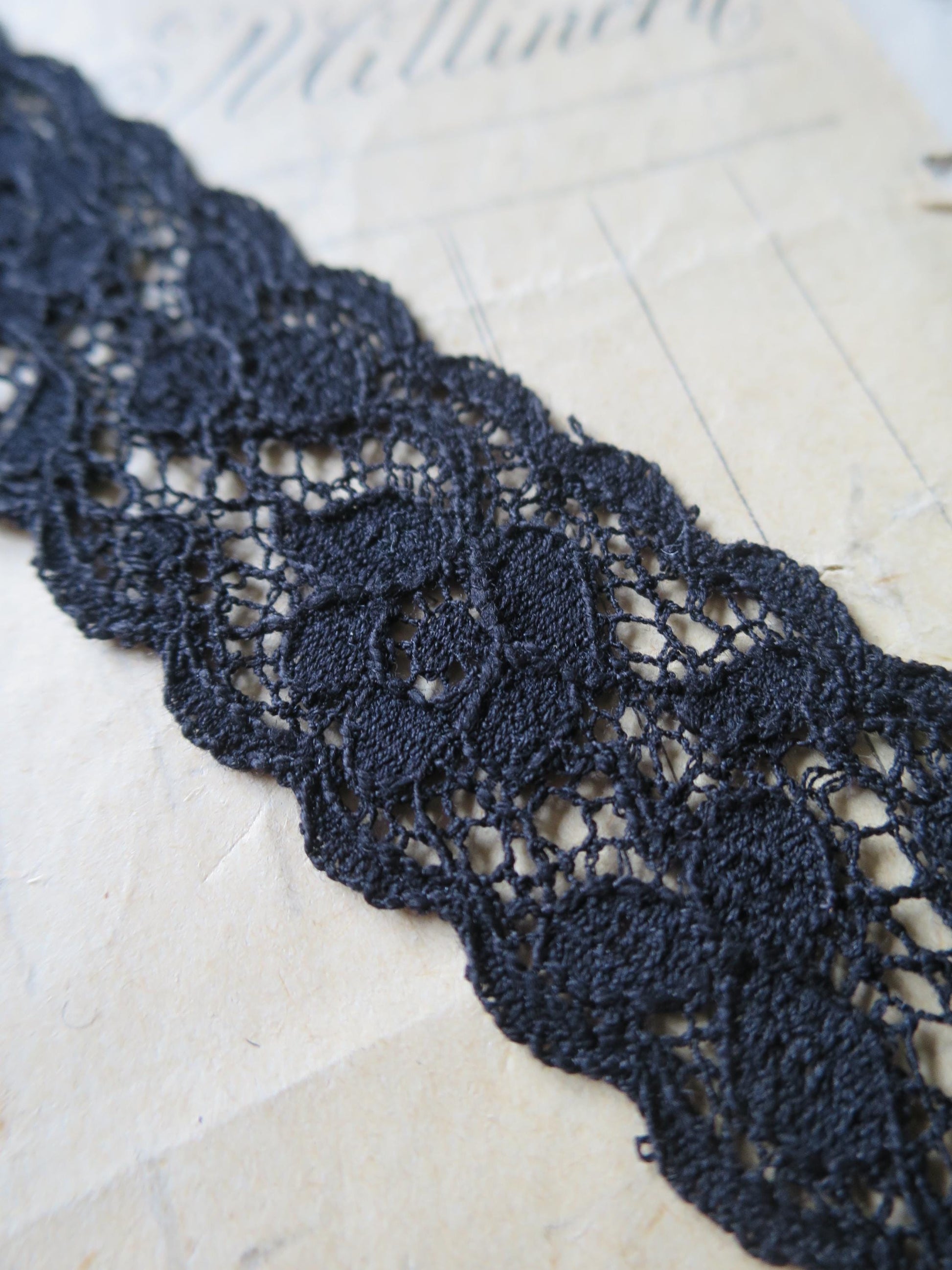 Black English Nottingham Lace- Scalloped Raised Floral Guipure- Galloon- 2.7 cm