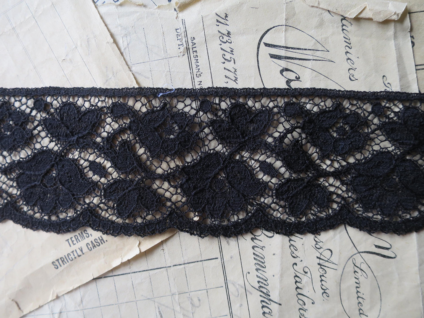 Black English Nottingham Lace- Scalloped Raised Floral Guipure- 5.5 cm