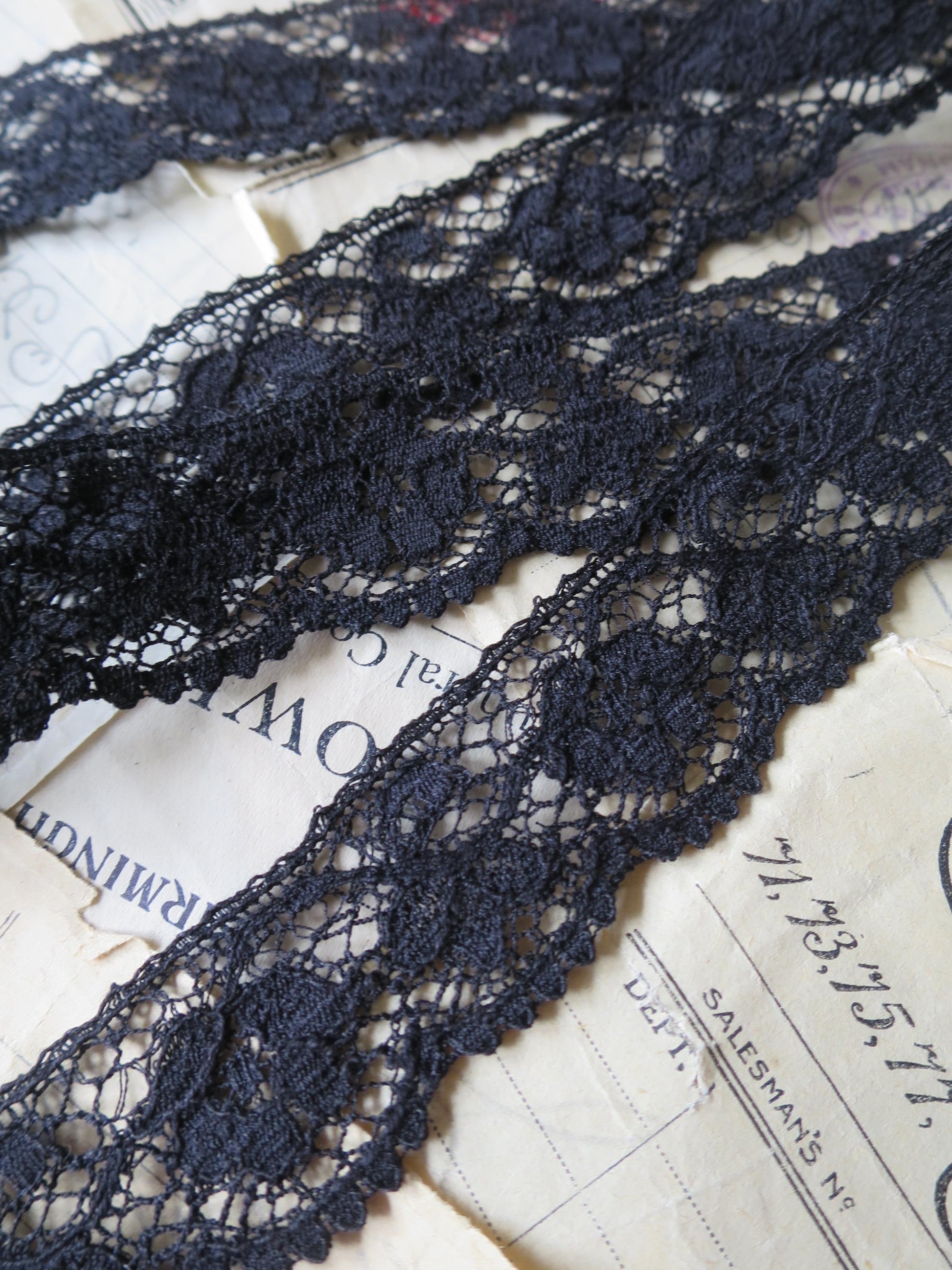 Black English Nottingham Lace- Scalloped Raised Floral Guipure- 2.7 cm