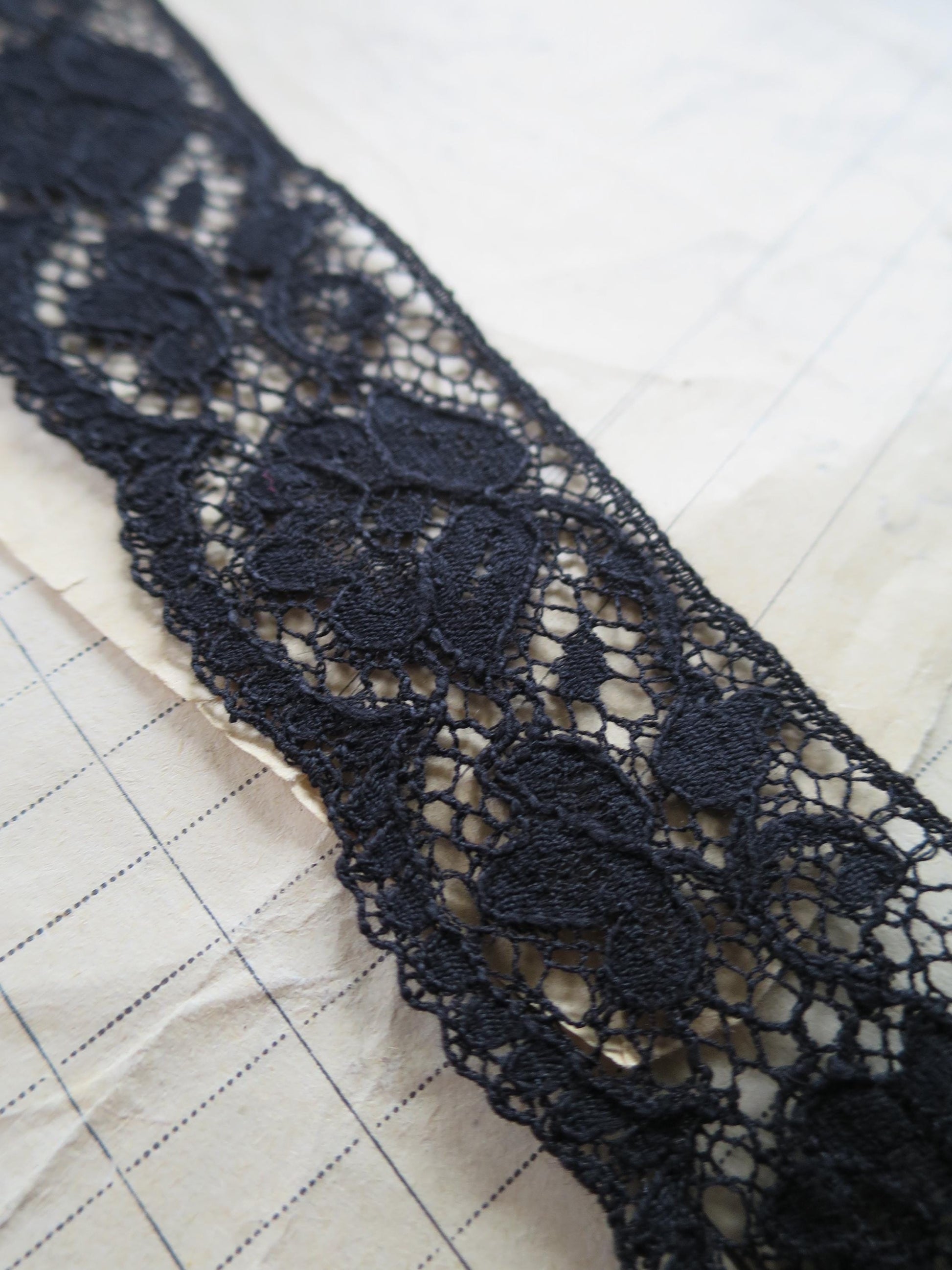 Black English Nottingham Lace- Scalloped Raised Floral Guipure- 3.5 cm