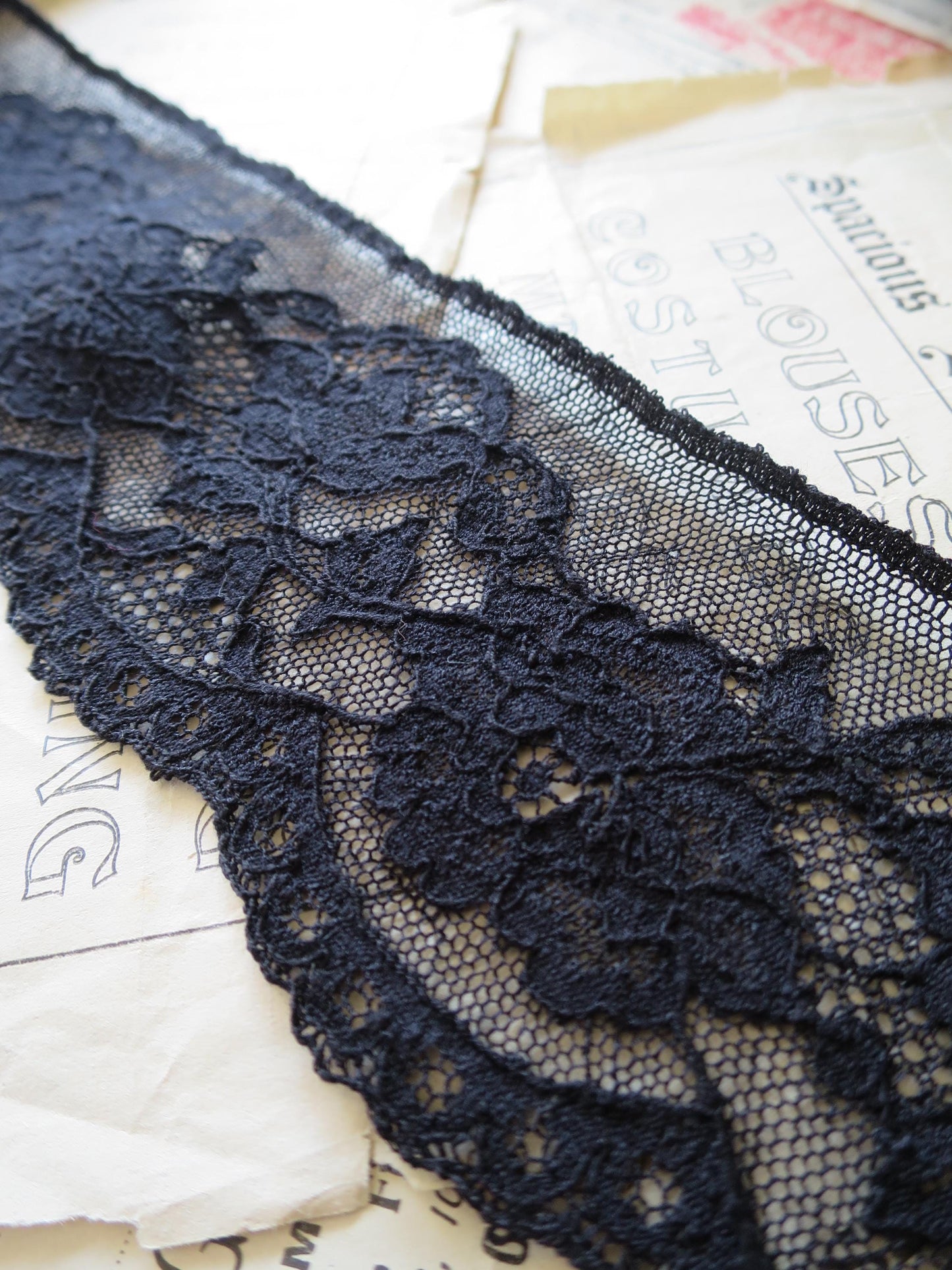 Black English Nottingham Lace- Mechlin Roses- 7.5 cm
