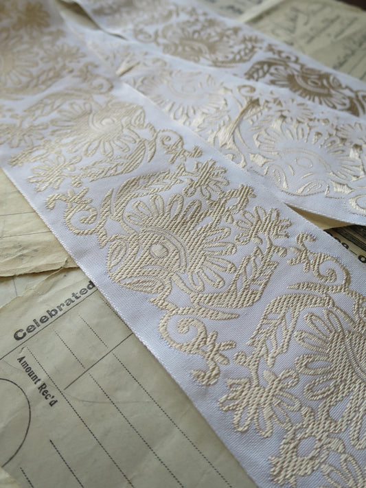 Lace Pattern 60 mm Jacquard Woven Ribbon- White & Gold