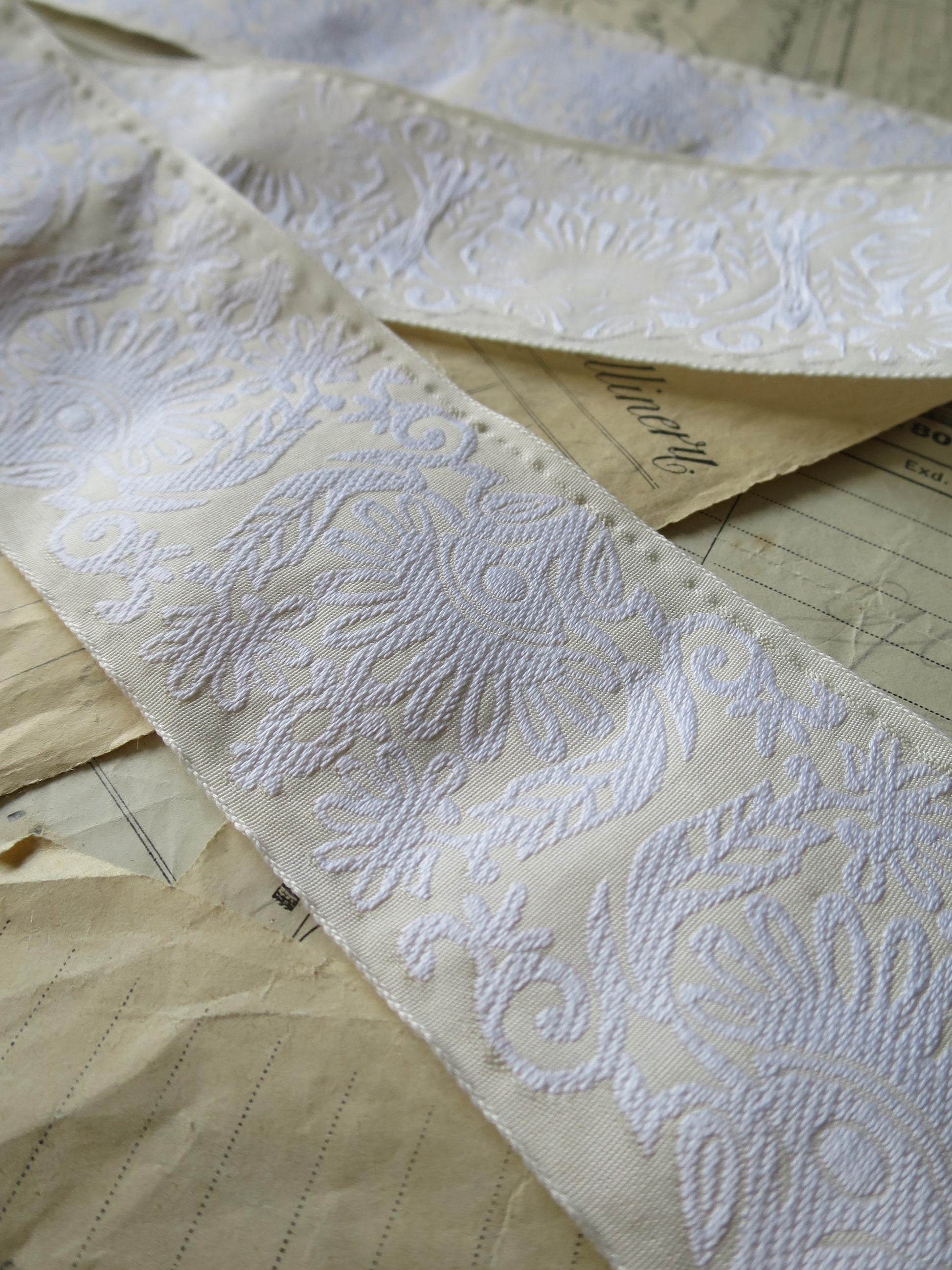 Lace Pattern 60 mm Jacquard Woven Ribbon- Cream & White