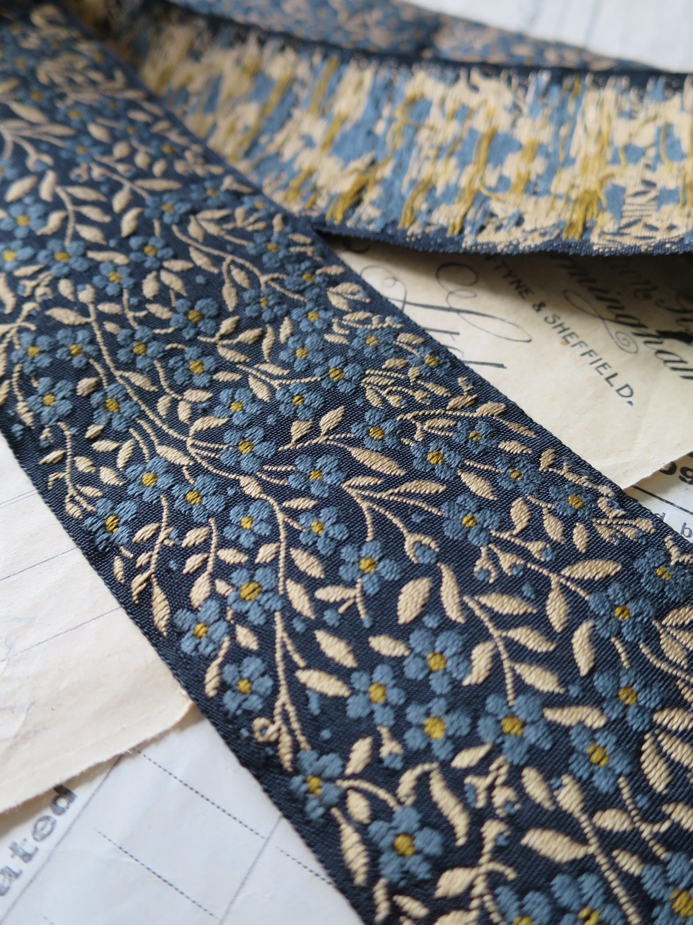 Forget-me-nots 50 mm Jacquard Woven Ribbon- Teal & Gold