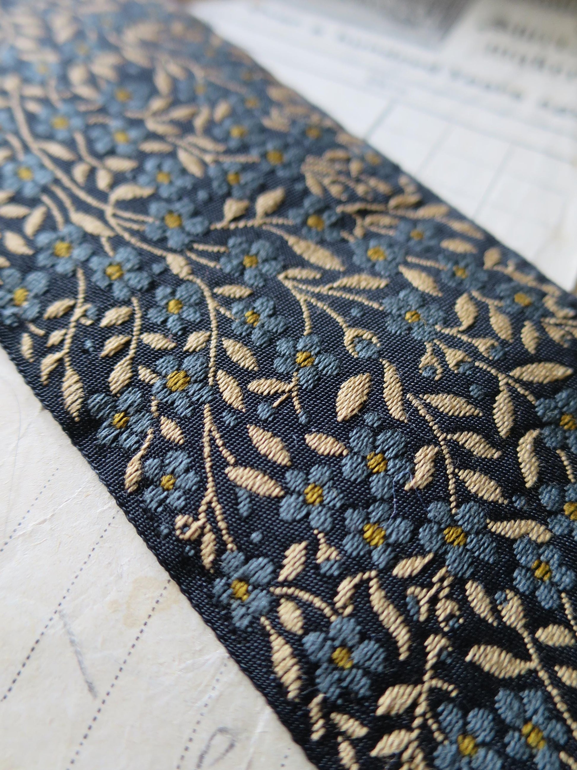 Forget-me-nots 50 mm Jacquard Woven Ribbon- Teal & Gold