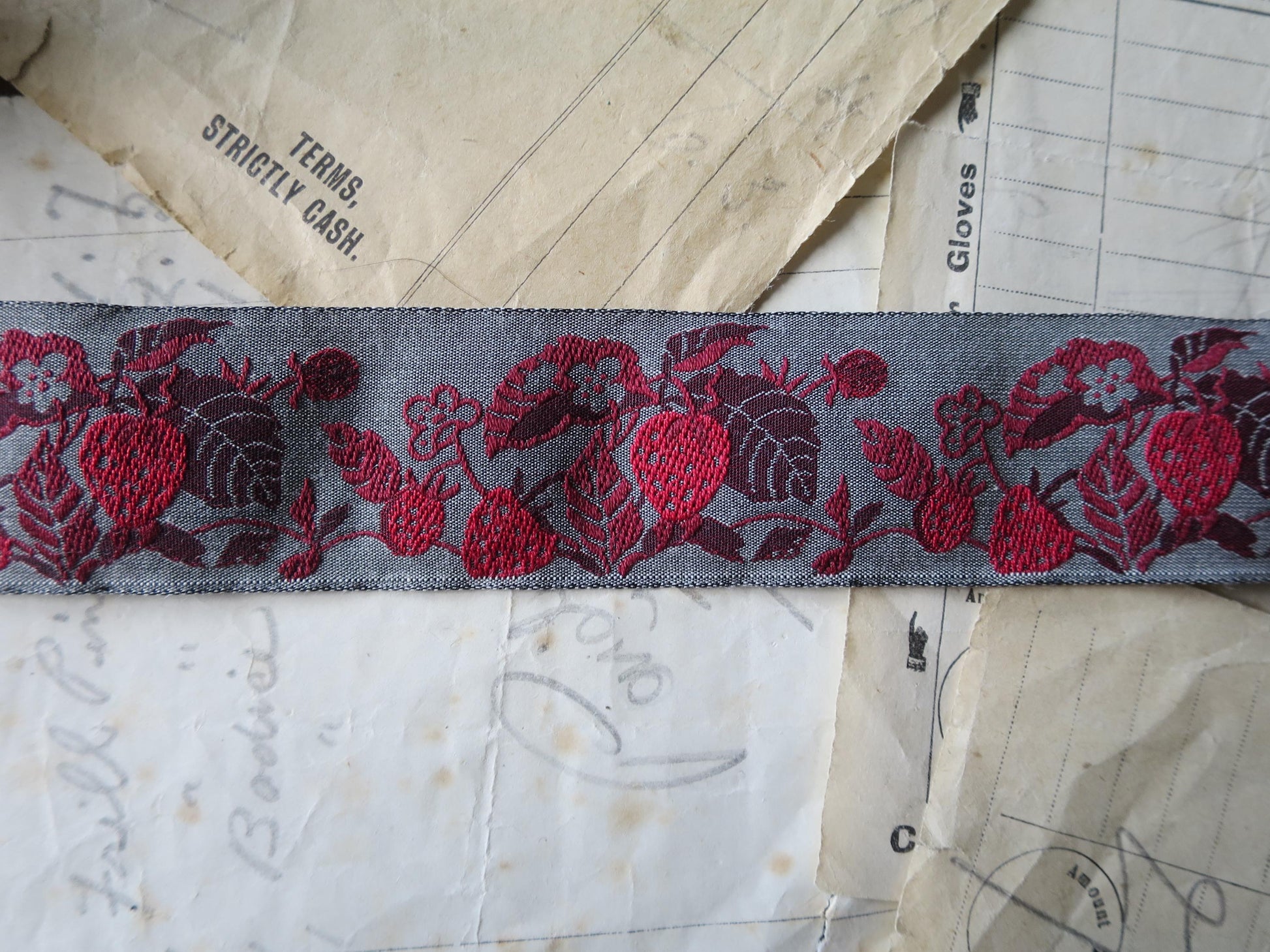 Strawberries 32 mm Jacquard Woven Ribbon- Grey & Red