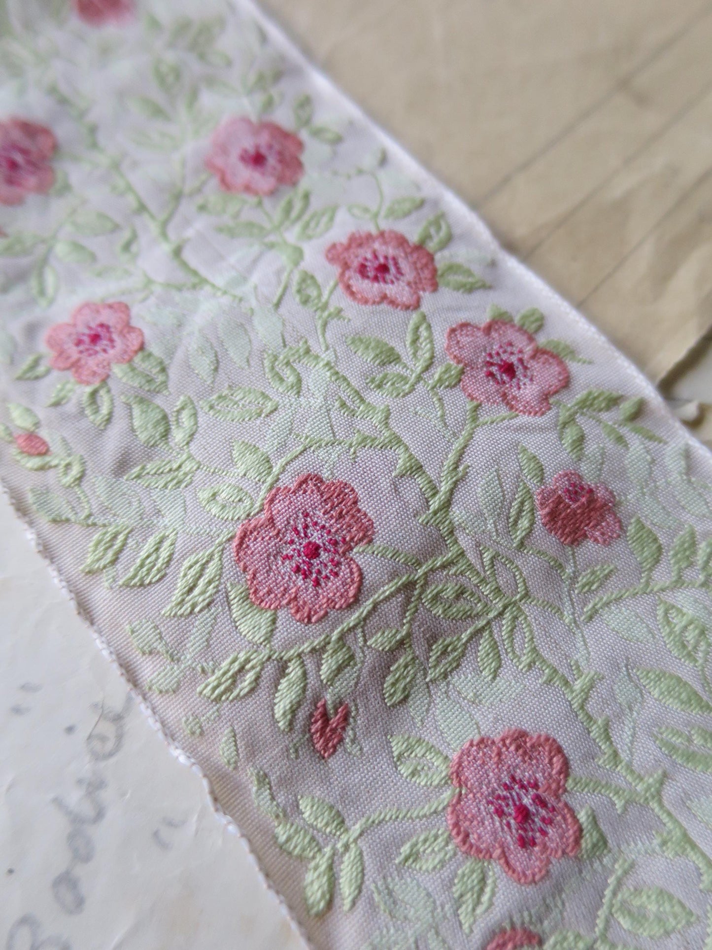 Jacobean Roses 60 mm Jacquard Woven Ribbon- Faded Roses