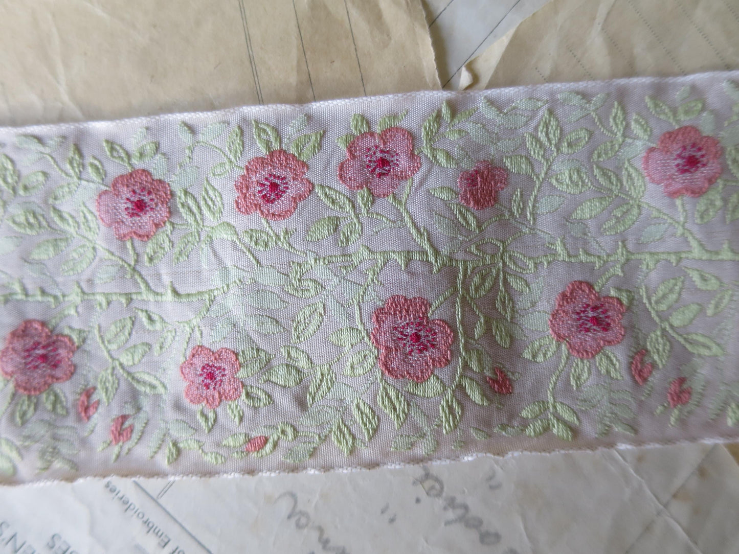 Jacobean Roses 60 mm Jacquard Woven Ribbon- Faded Roses