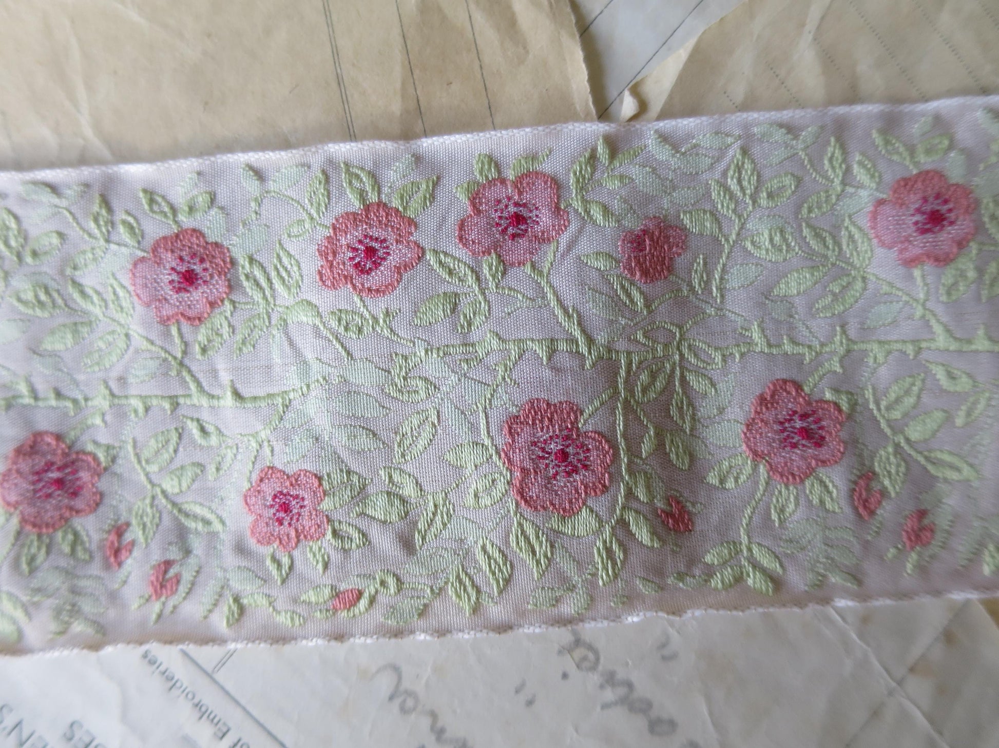 Jacobean Roses 60 mm Jacquard Woven Ribbon- Faded Roses