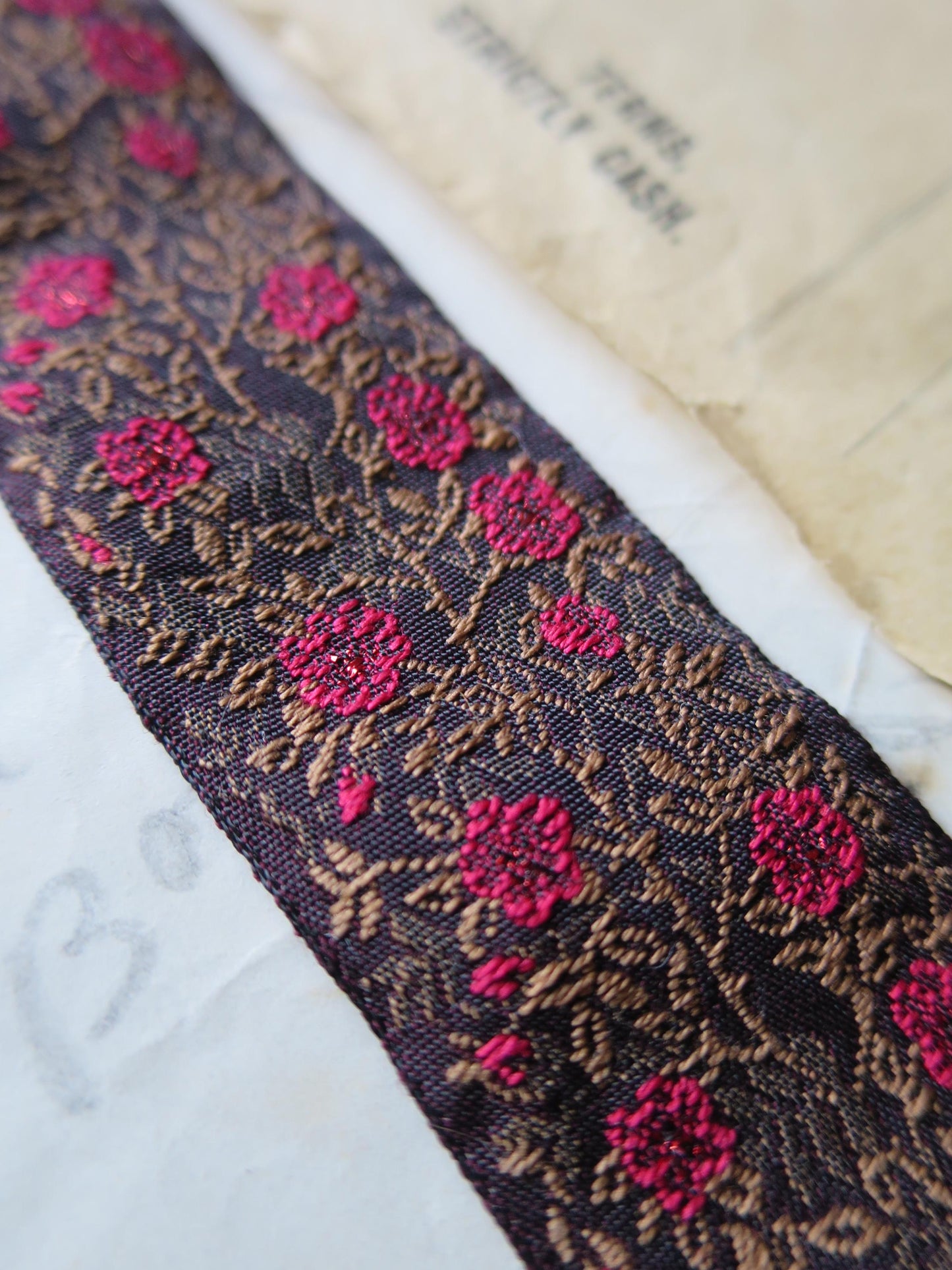Jacobean Roses 25 mm Jacquard Woven Ribbon- Sparkly Red Roses