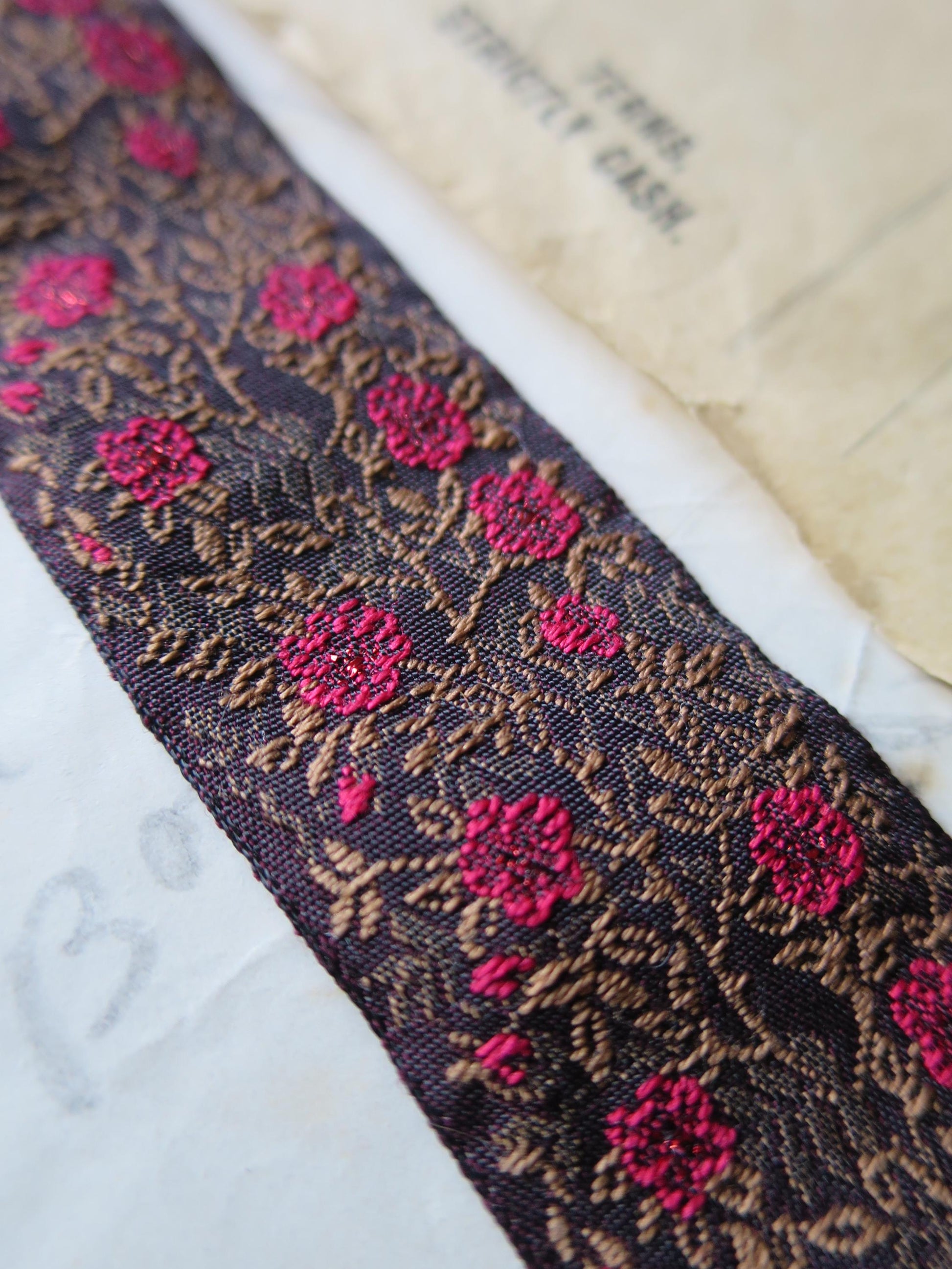 Jacobean Roses 25 mm Jacquard Woven Ribbon- Sparkly Red Roses