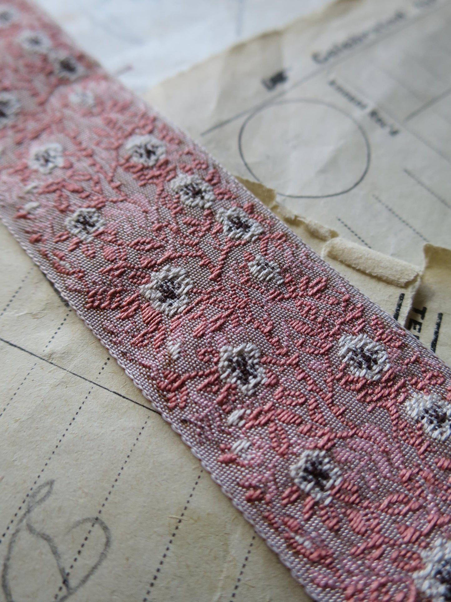 Jacobean Roses 25 mm Jacquard Woven Ribbon- Pink & Taupe