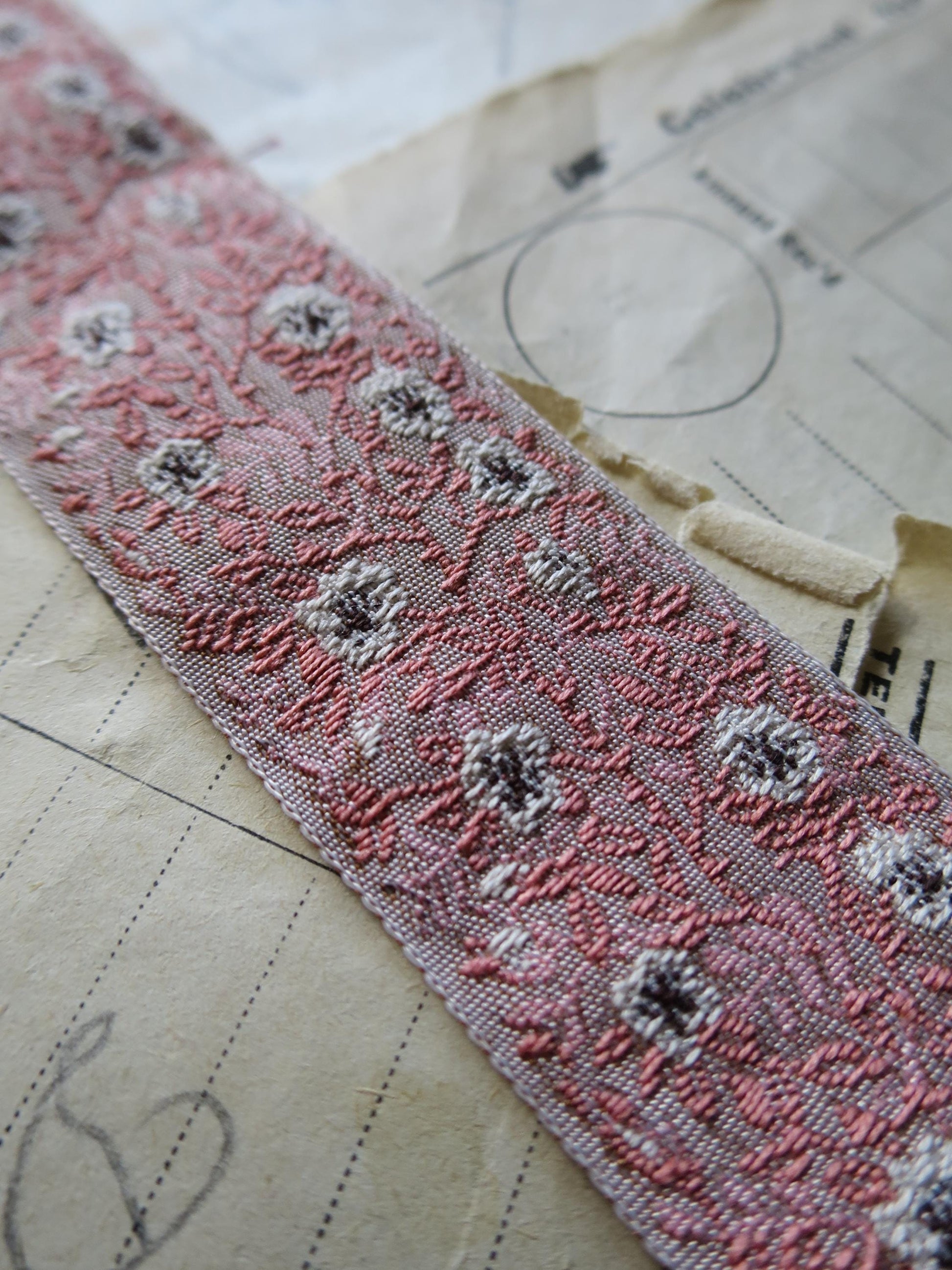 Jacobean Roses 25 mm Jacquard Woven Ribbon- Pink & Taupe