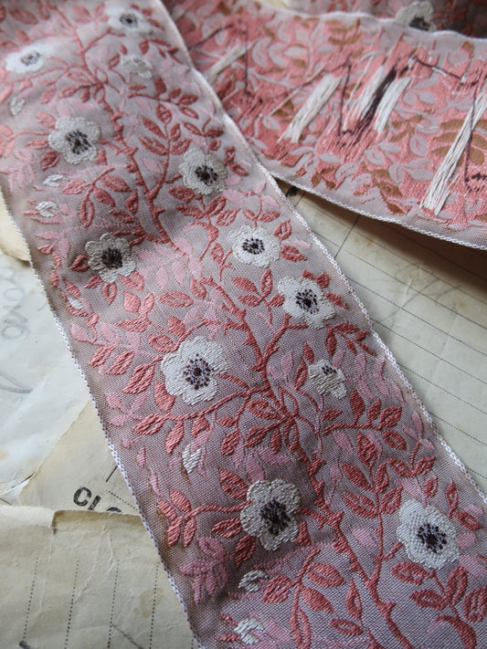 Jacobean Roses 60 mm Jacquard Woven Ribbon- Pink & Taupe