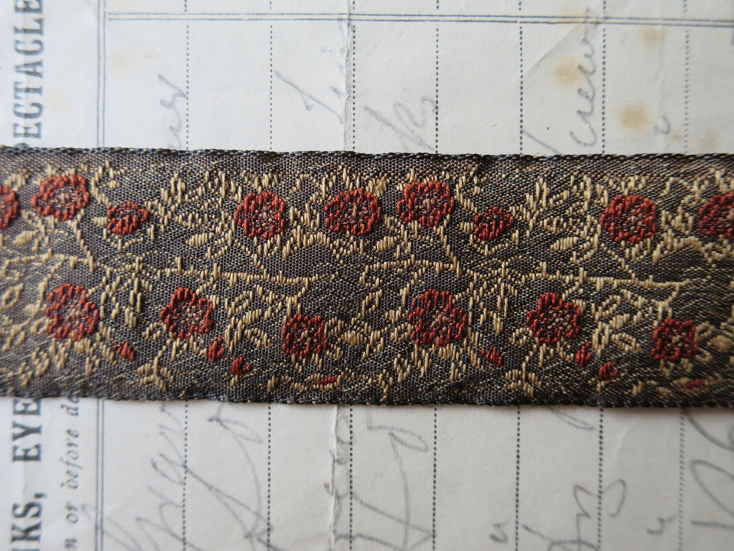 Jacobean Roses 25 mm Jacquard Woven Ribbon- Red & Golden Roses