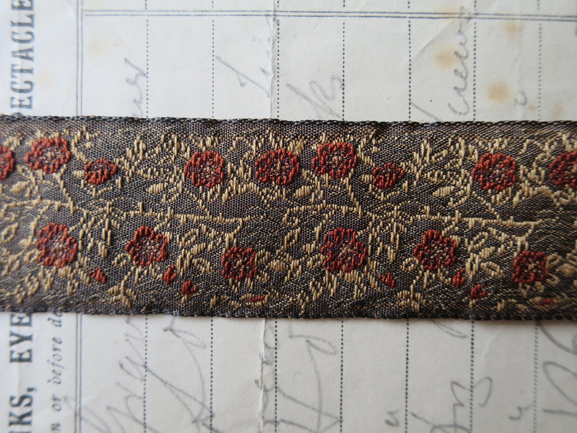 Jacobean Roses 25 mm Jacquard Woven Ribbon- Red & Golden Roses