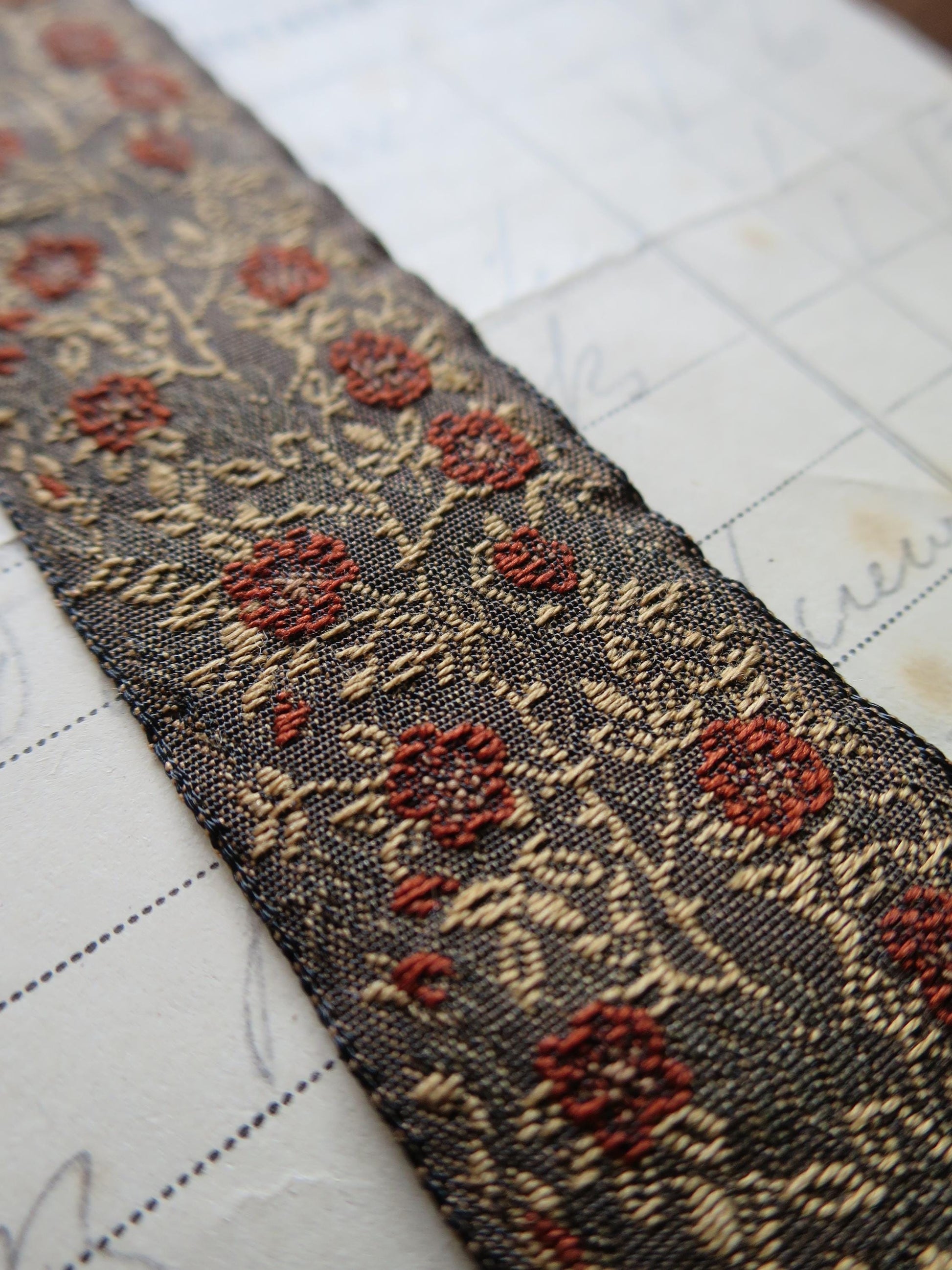Jacobean Roses 25 mm Jacquard Woven Ribbon- Red & Golden Roses