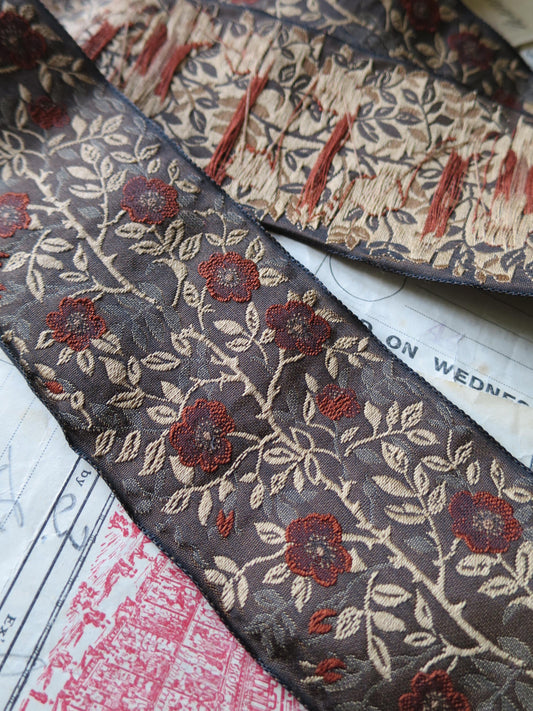 Jacobean Roses 60 mm Jacquard Woven Ribbon- Red & Golden Roses