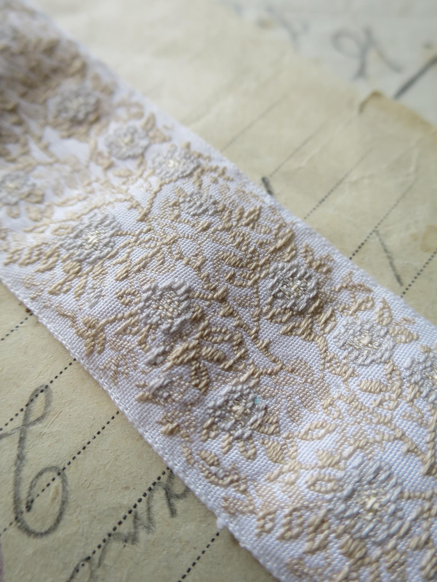 Jacobean Roses 25 mm Jacquard Woven Ribbon- Pale Gold & Sage Roses