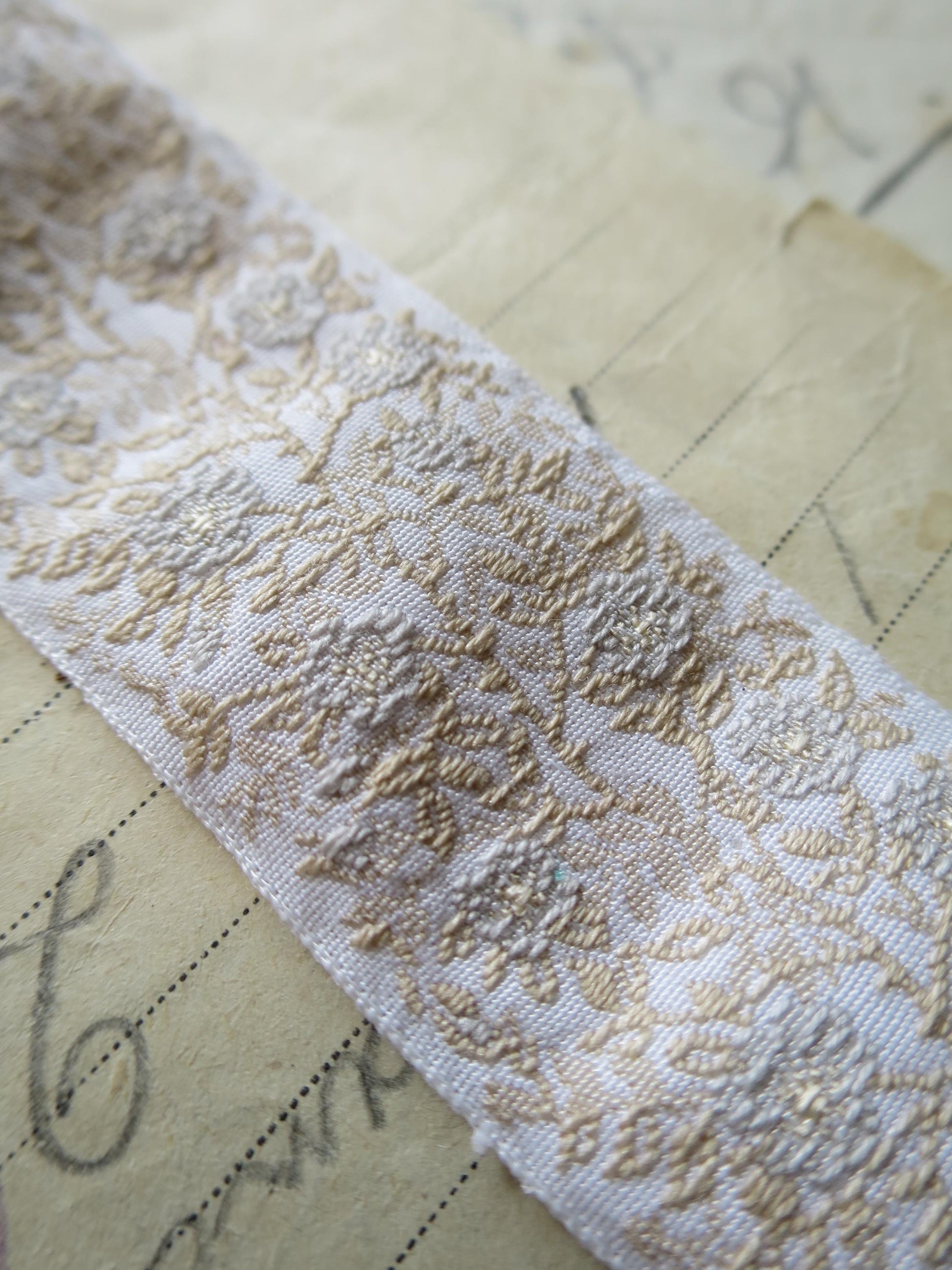 Jacobean Roses 25 mm Jacquard Woven Ribbon- Pale Gold & Sage Roses