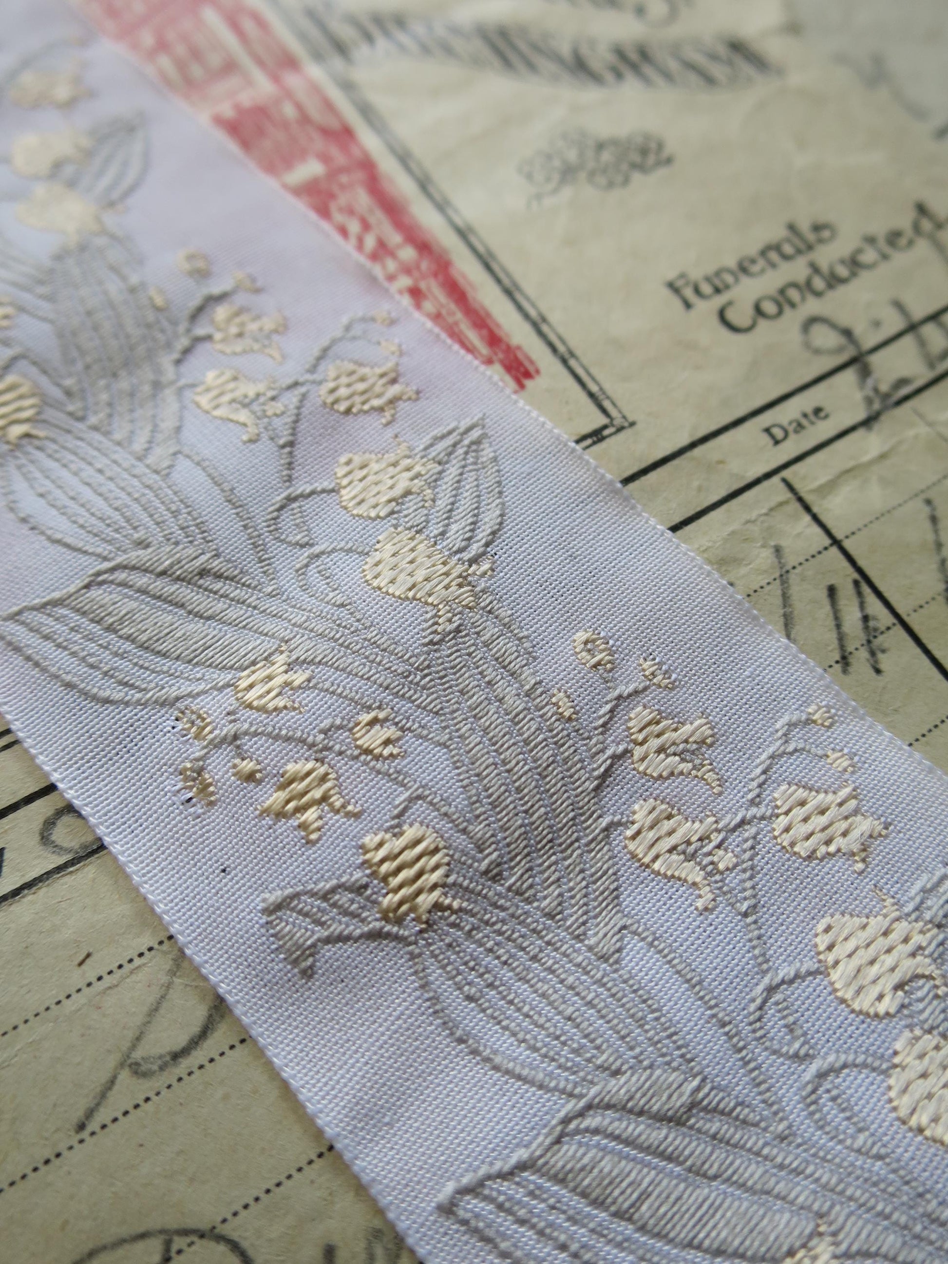 Lily of the Valley 40 mm Jacquard Woven Ribbon- Pale Gold & Sage