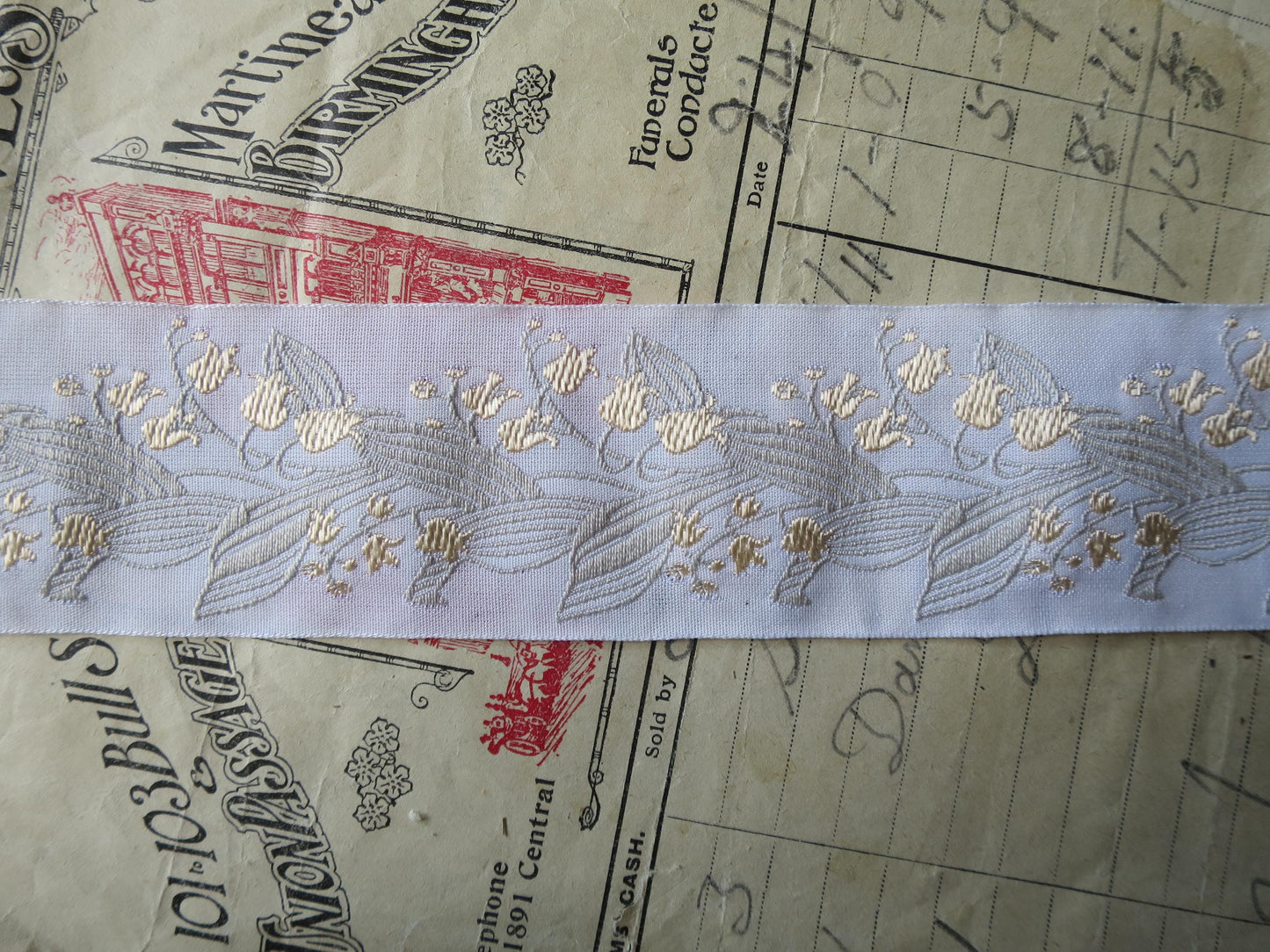 Lily of the Valley 40 mm Jacquard Woven Ribbon- Pale Gold & Sage
