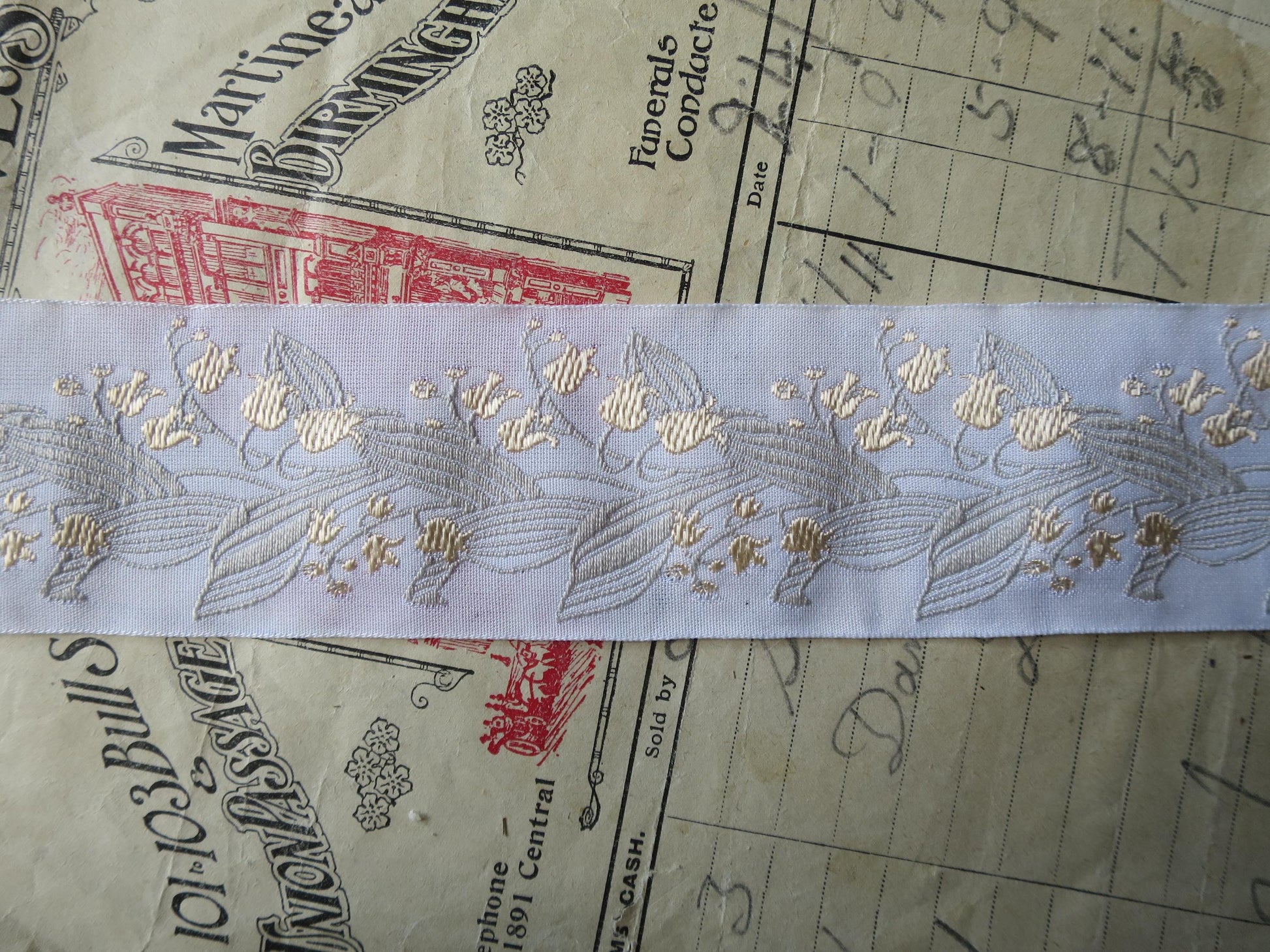Lily of the Valley 40 mm Jacquard Woven Ribbon- Pale Gold & Sage