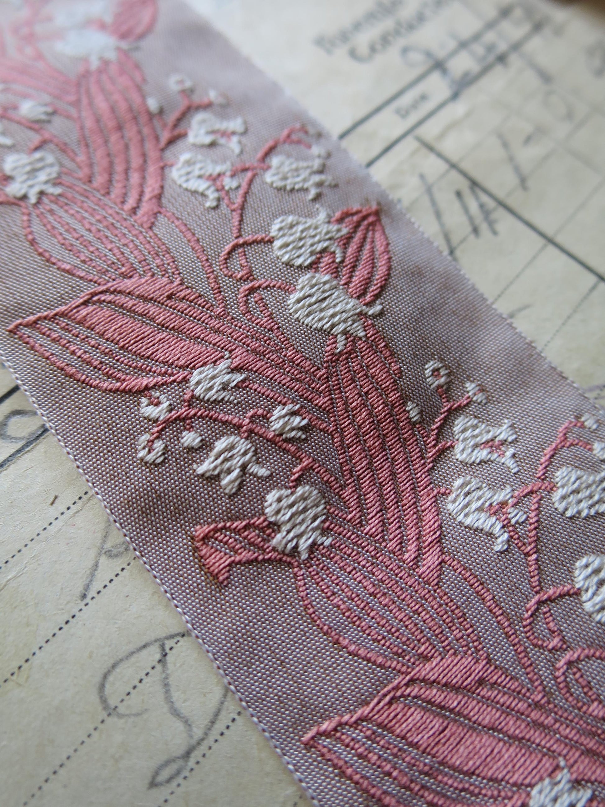 Lily of the Valley 40 mm Jacquard Woven Ribbon- Pink & Taupe