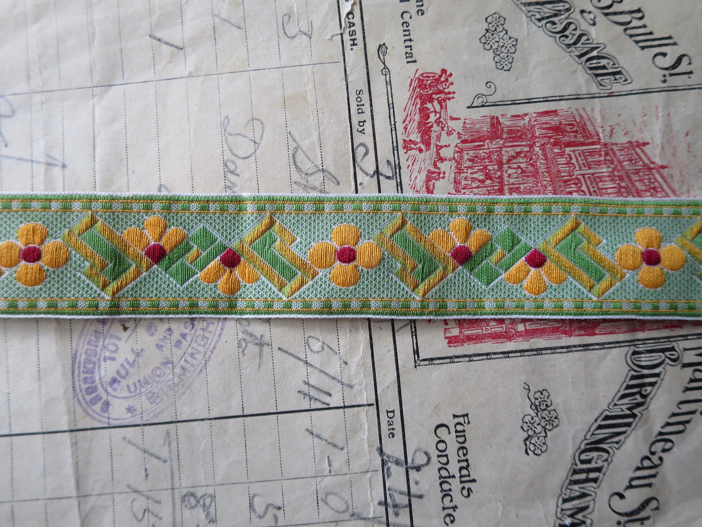 Art Deco 25 mm Jacquard Woven Ribbon- Orange & Green