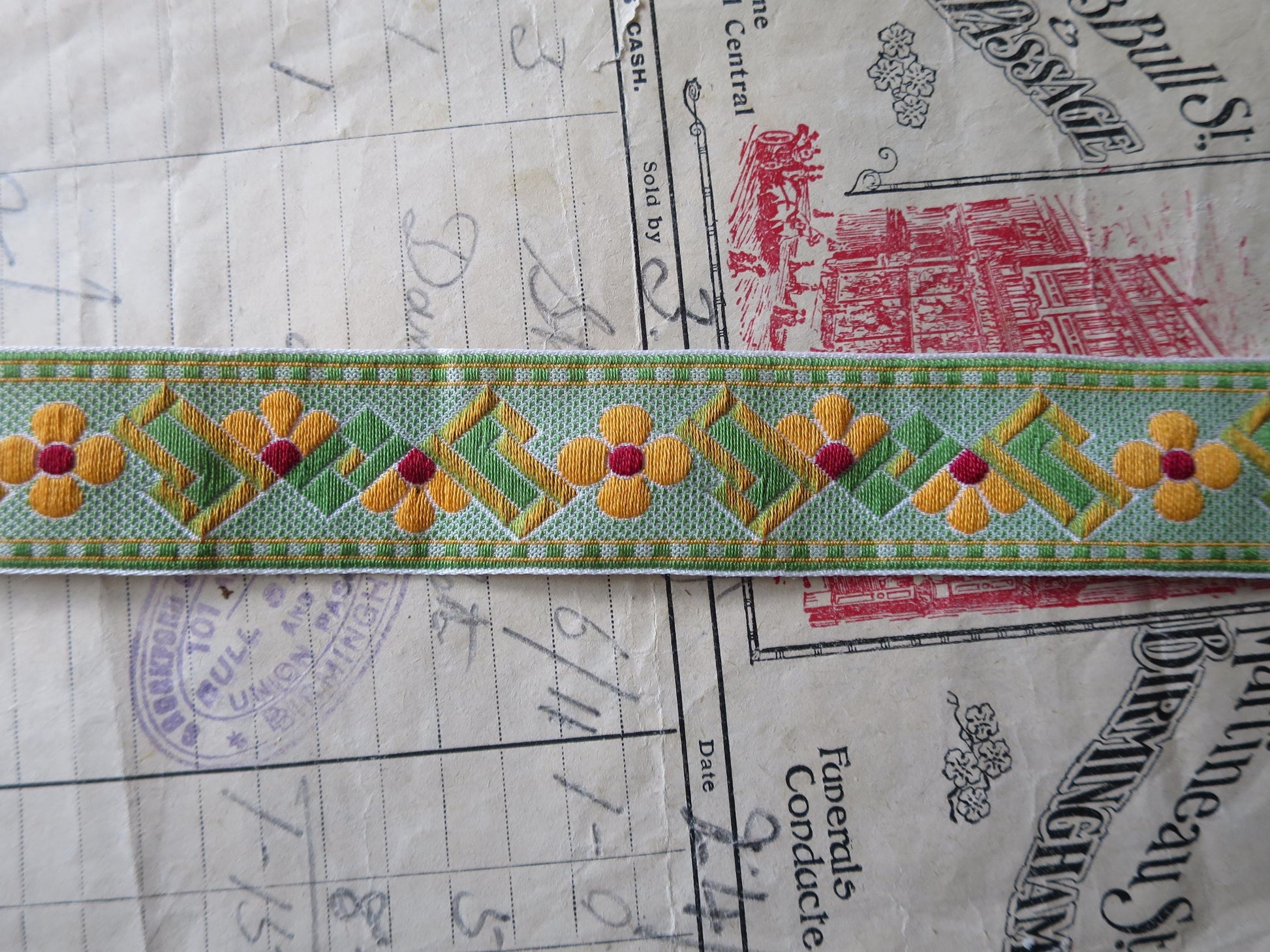 Art Deco 25 mm Jacquard Woven Ribbon- Orange & Green