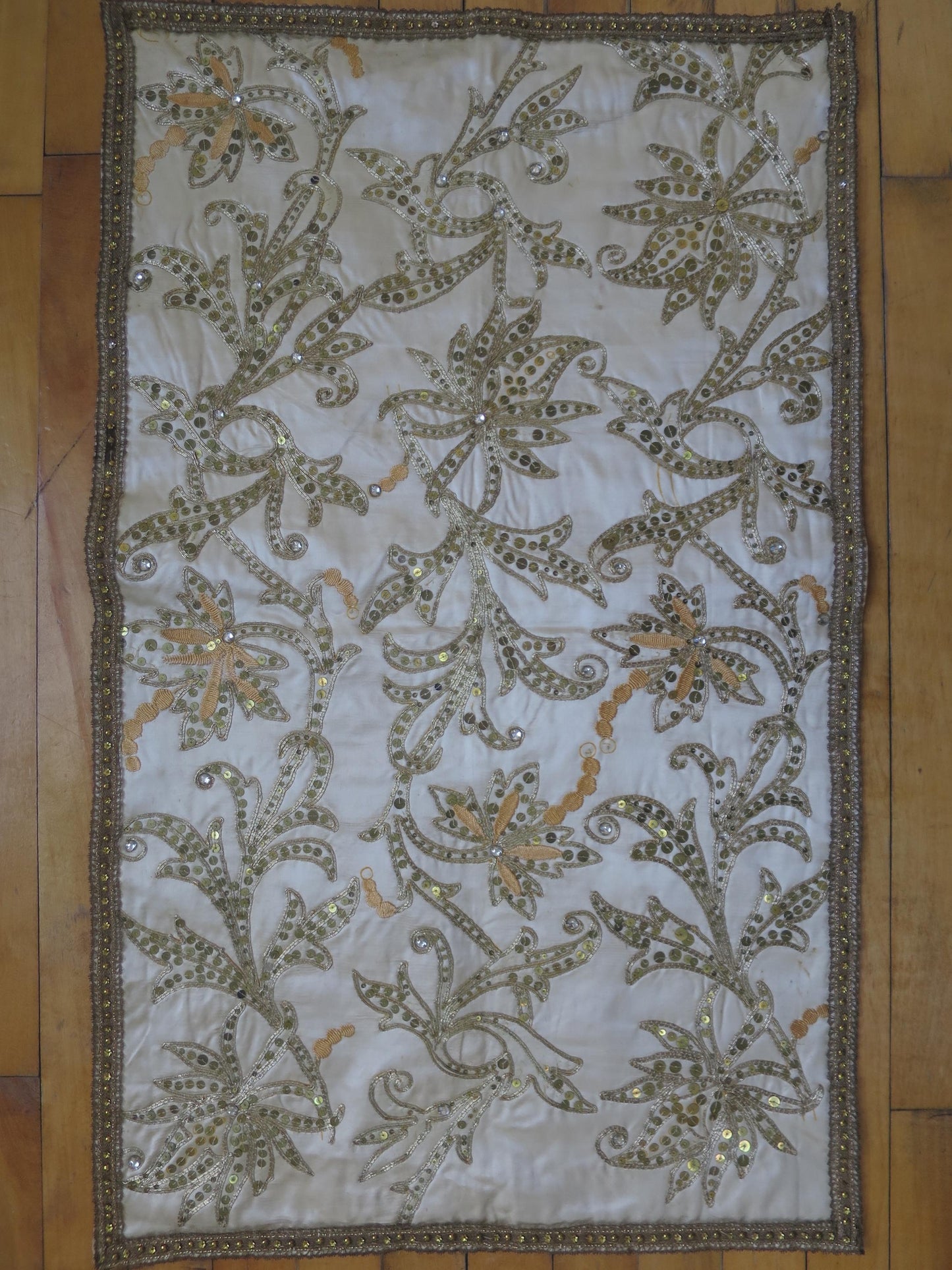 Antique Cream Silk Spangled & Couched Gold Work Anglo Indian Panel