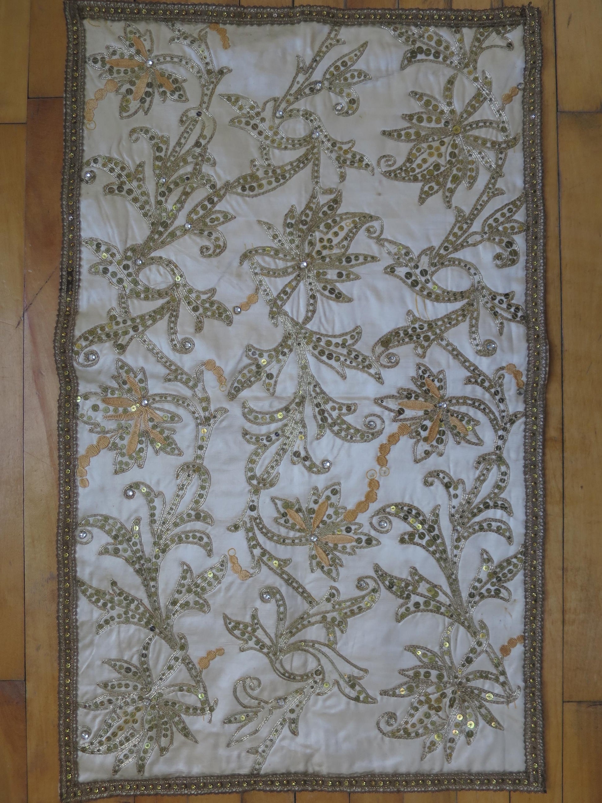 Antique Cream Silk Spangled & Couched Gold Work Anglo Indian Panel