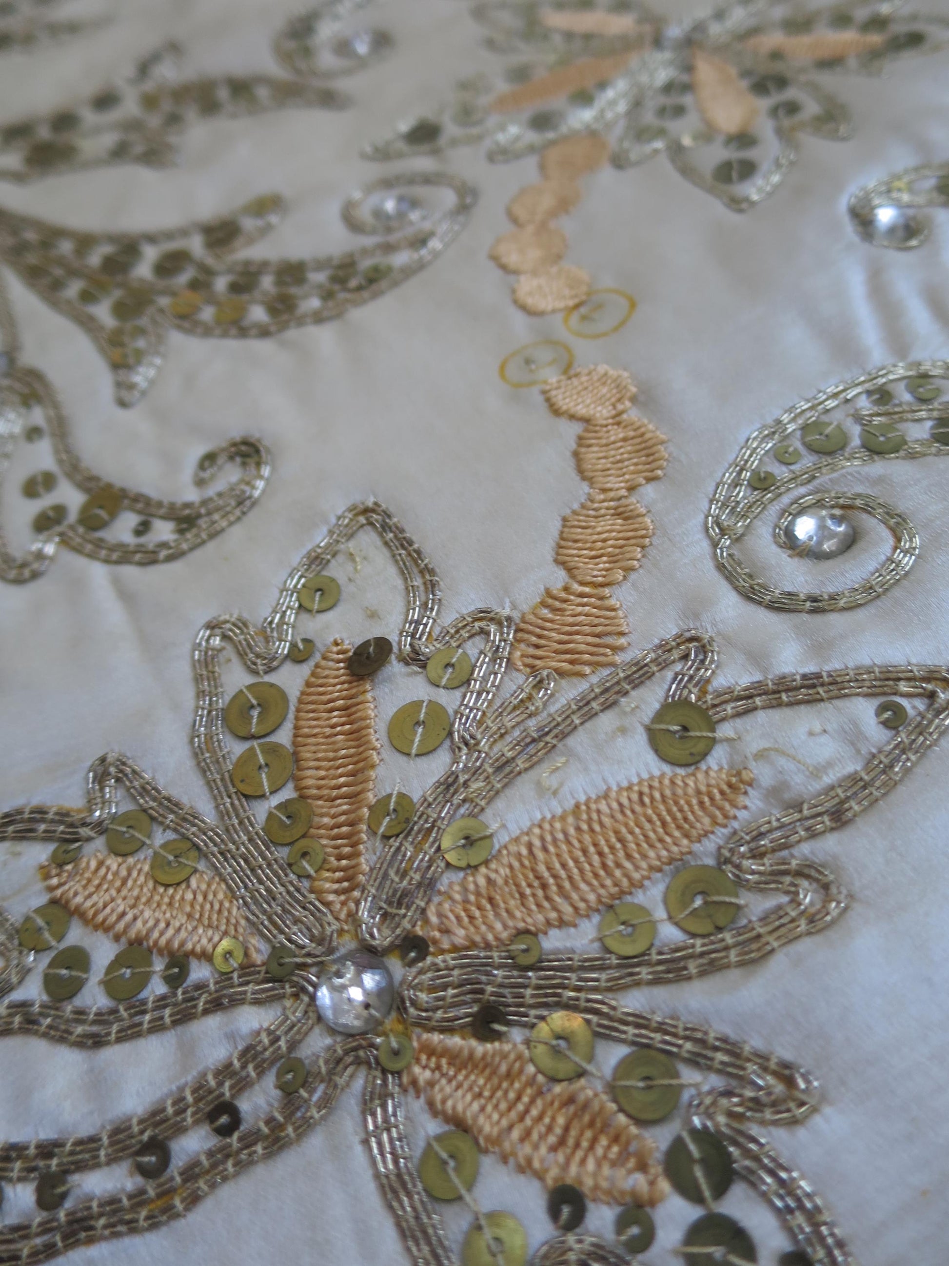Antique Cream Silk Spangled & Couched Gold Work Anglo Indian Panel