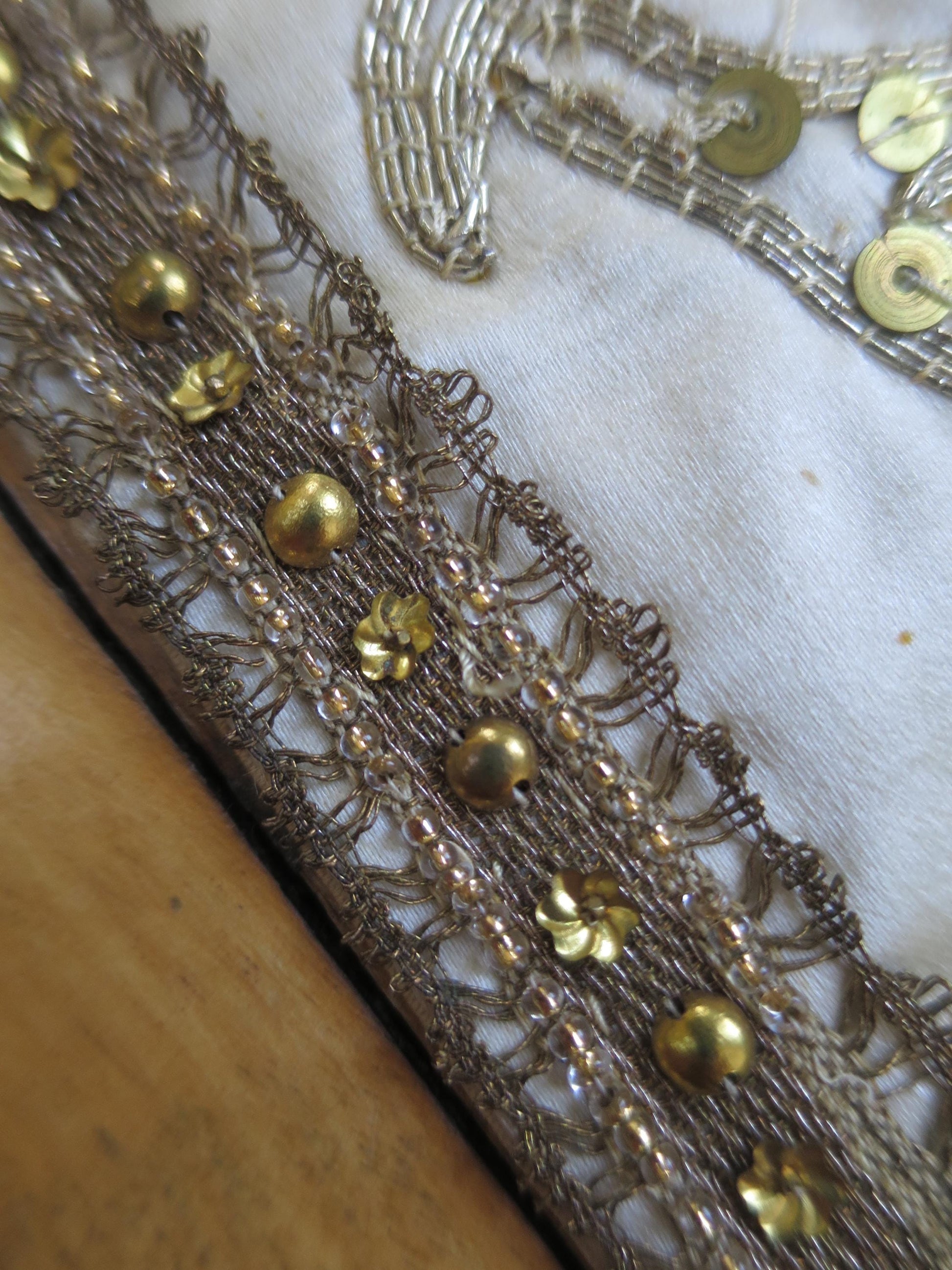 Antique Cream Silk Spangled & Couched Gold Work Anglo Indian Panel