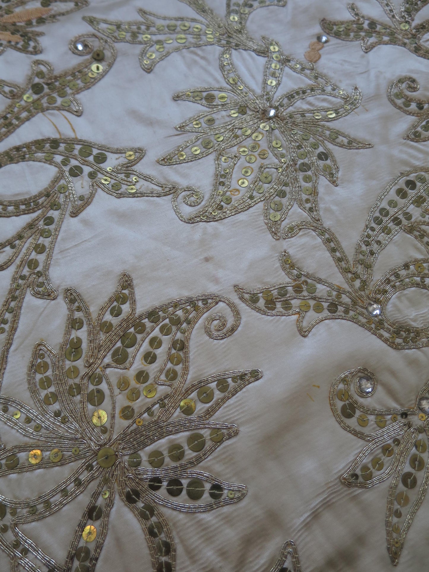 Antique Cream Silk Spangled & Couched Gold Work Anglo Indian Panel