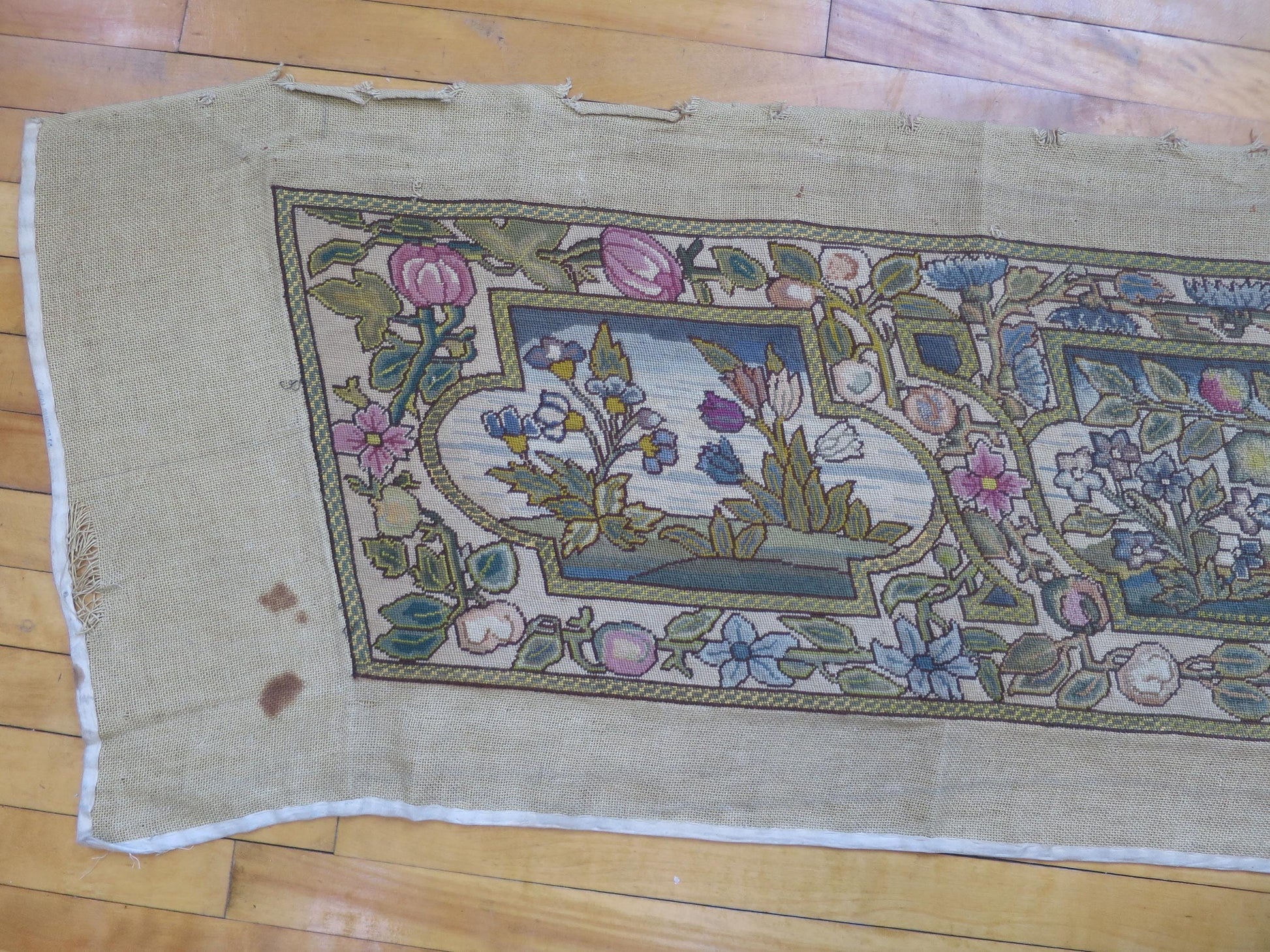Antique Arts & Crafts Period Jacobean Needlepoint Bench Seat Cover