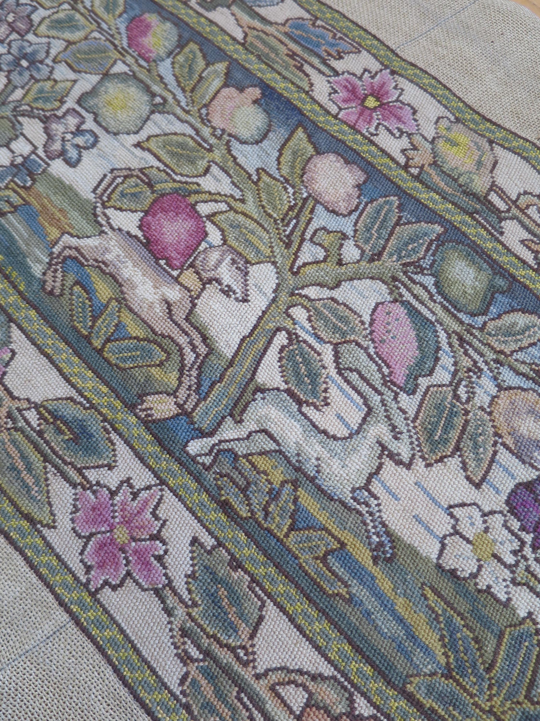 Antique Arts & Crafts Period Jacobean Needlepoint Bench Seat Cover