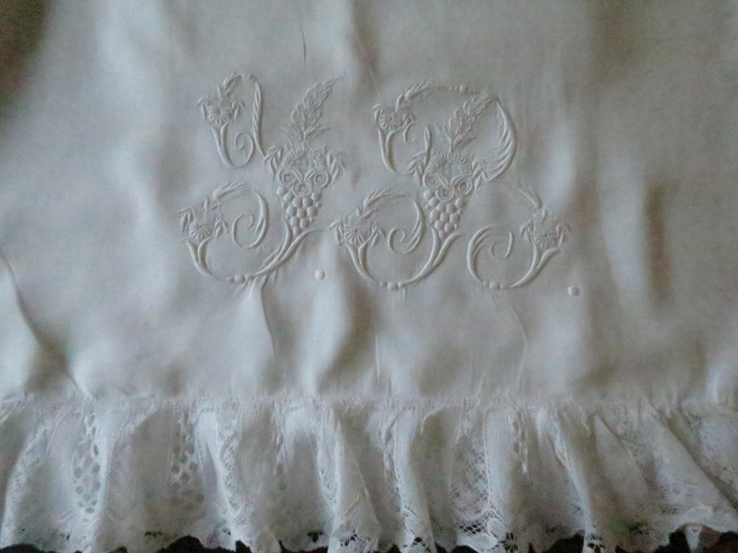 Antique Irish Linen Pair of Pillow Slips- Bobbin Lace & Hand Embroidered Monogram Y R