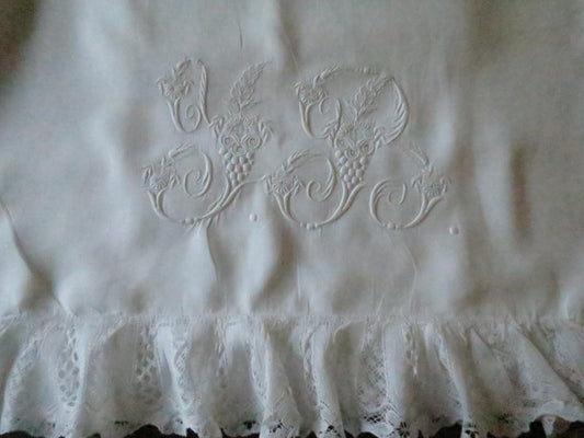 Antique Irish Linen Pair of Pillow Slips- Bobbin Lace & Hand Embroidered Monogram Y R