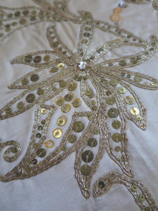 Antique Cream Silk Spangled & Couched Gold Work Anglo Indian Panel