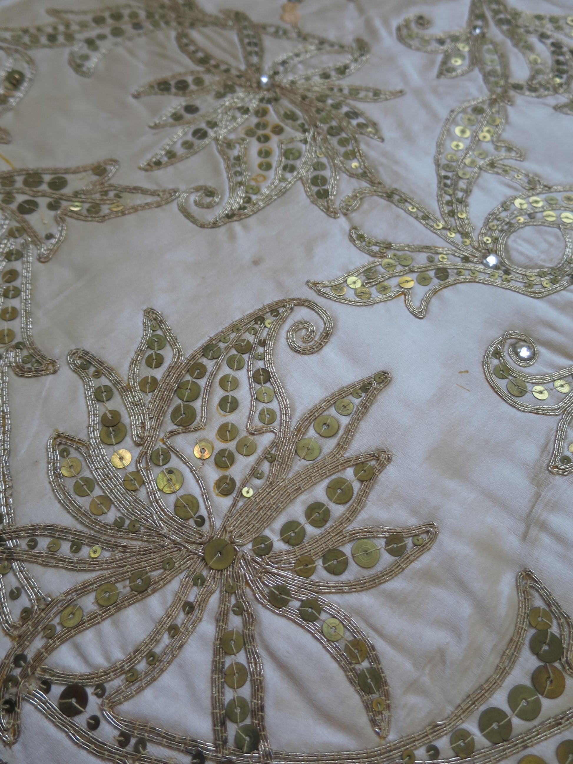 Antique Cream Silk Spangled & Couched Gold Work Anglo Indian Panel