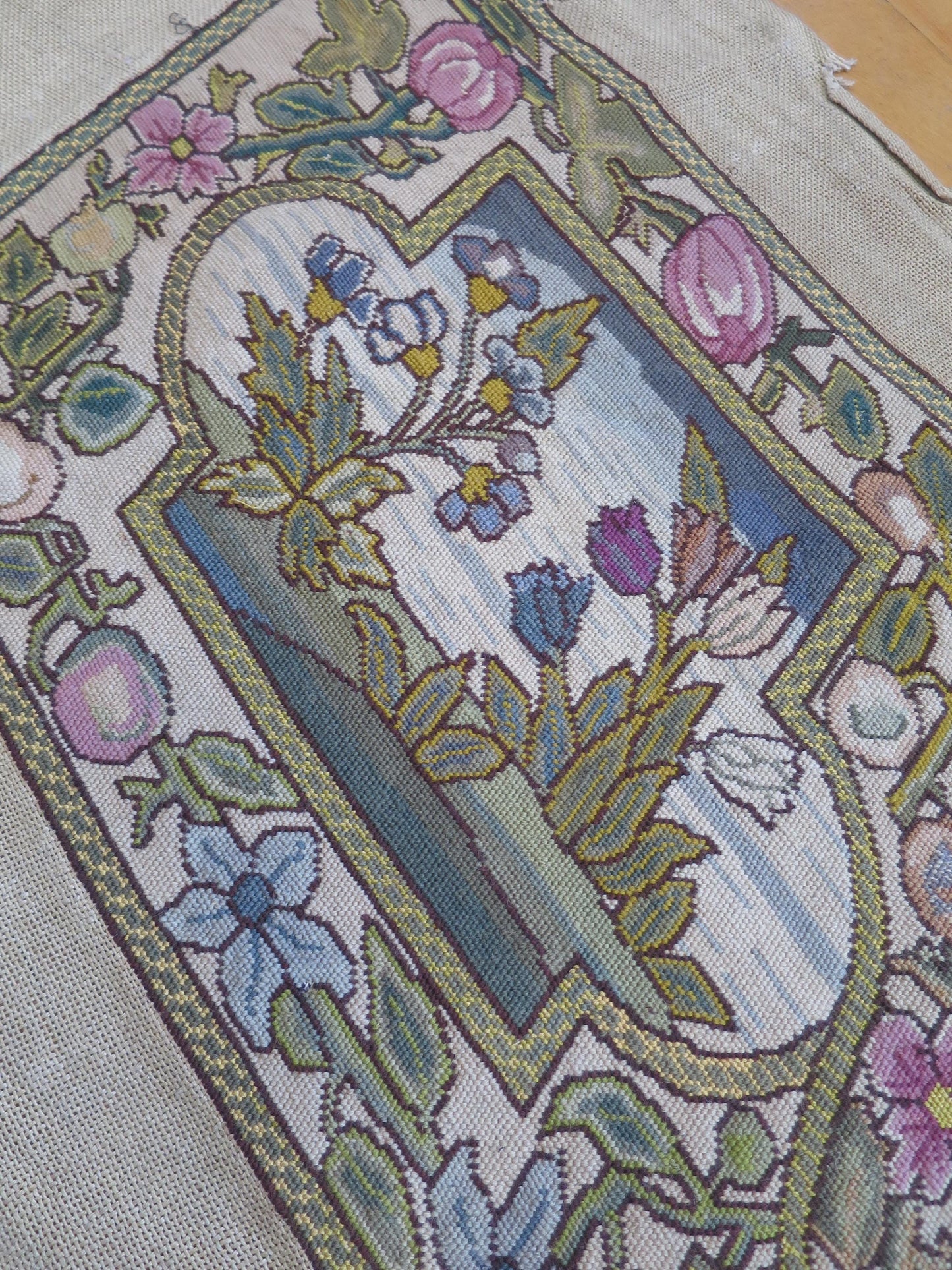Antique Arts & Crafts Period Jacobean Needlepoint Bench Seat Cover