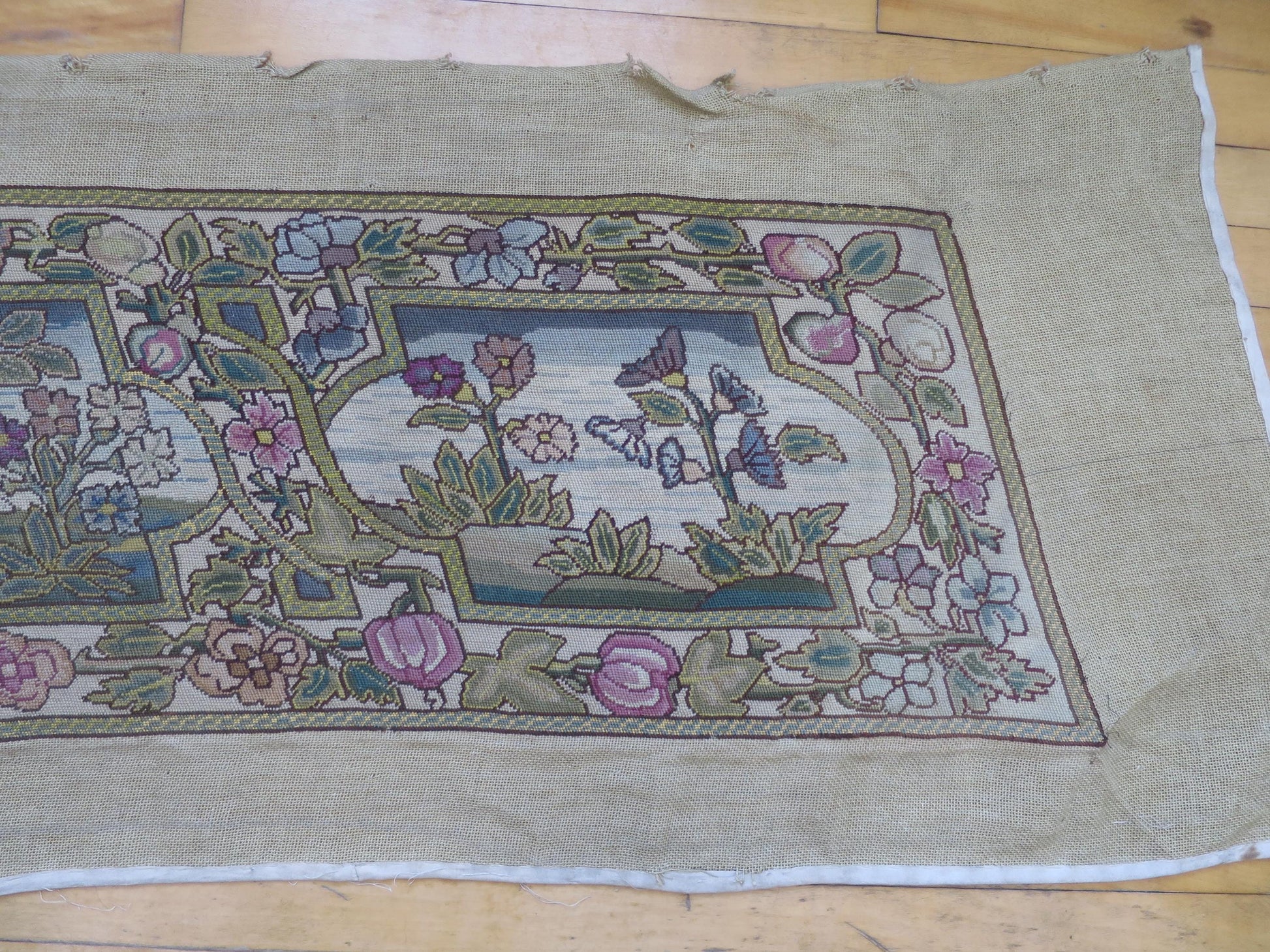 Antique Arts & Crafts Period Jacobean Needlepoint Bench Seat Cover