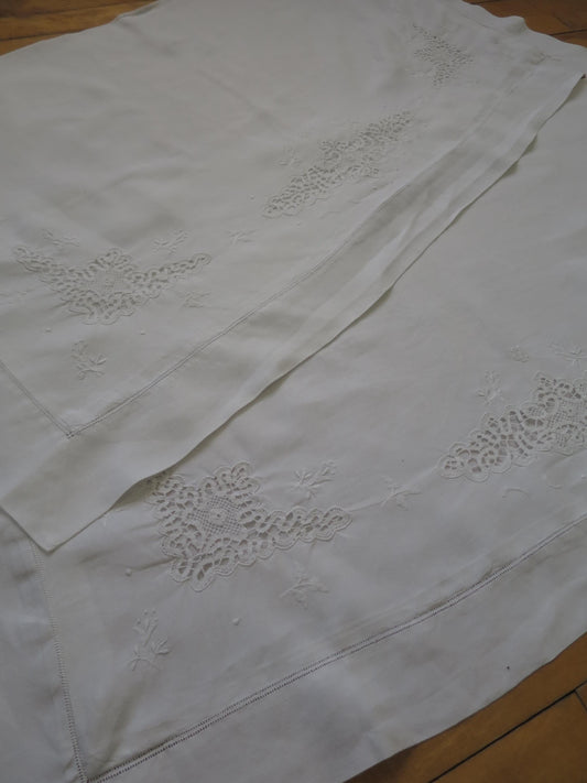 Antique Irish Linen Pair of Pillow Slips- Hand Embroidery & Bobbin Lace Inserts